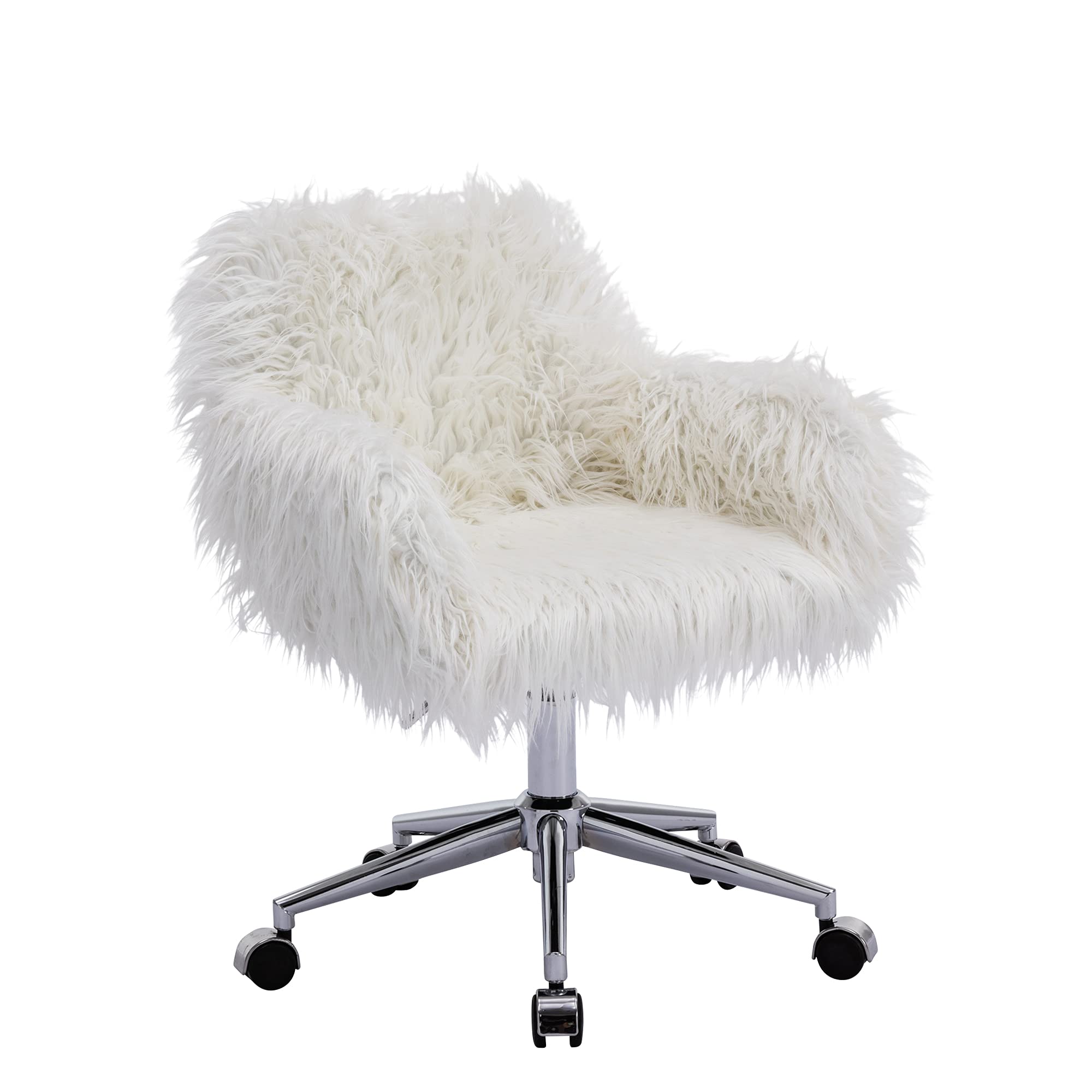 **Fluffy Faux Fur Office Desk Chair with Wheels - Modern Swivel Armchair for Women, Soft Comfy Vanity Makeup Chair, Elegant Accent Chair for Bedroom, Dressing Room & Home Decor (White) - Perfect for Work, Study & Relaxation**