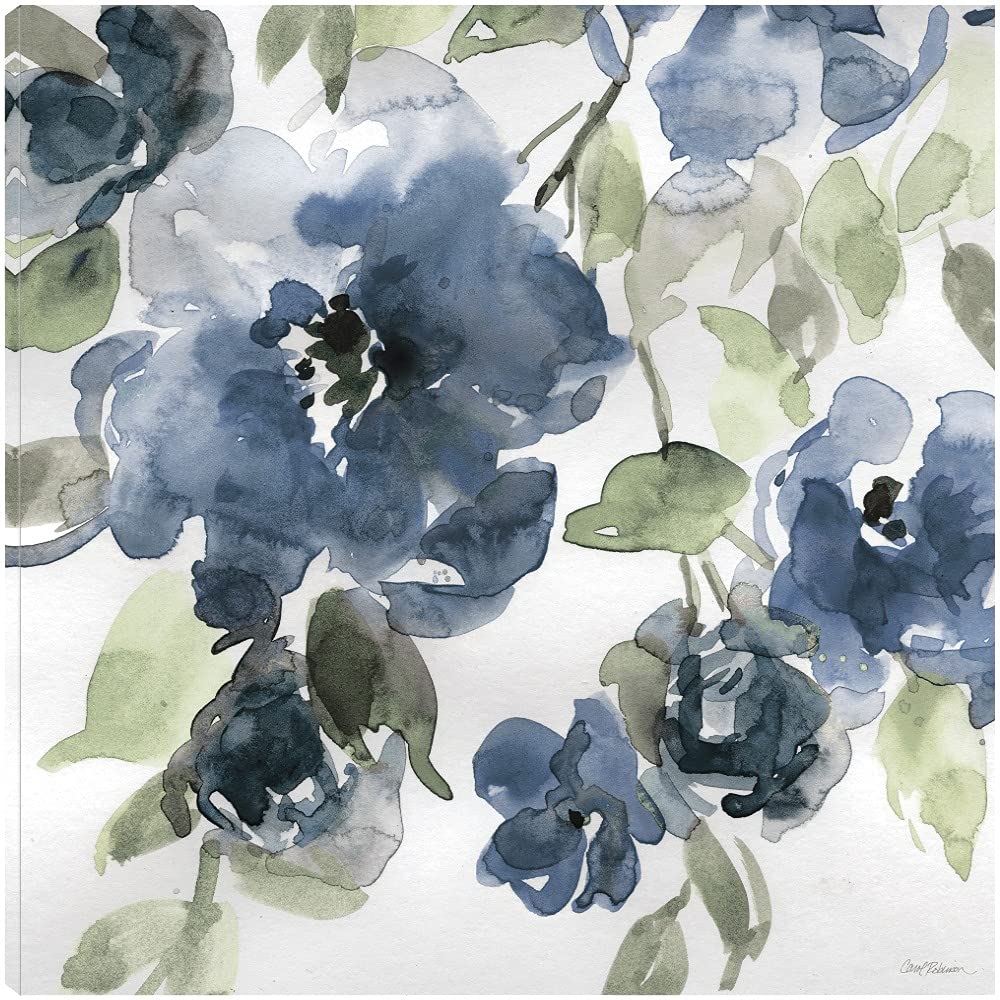 Botanical Wall Art Canvas - Blue Indigo Floral Painting by Carol Robinson | 37x37 Inch Bathroom & Bedroom Decor | Modern Plant-Themed Home Artwork for Living Spaces