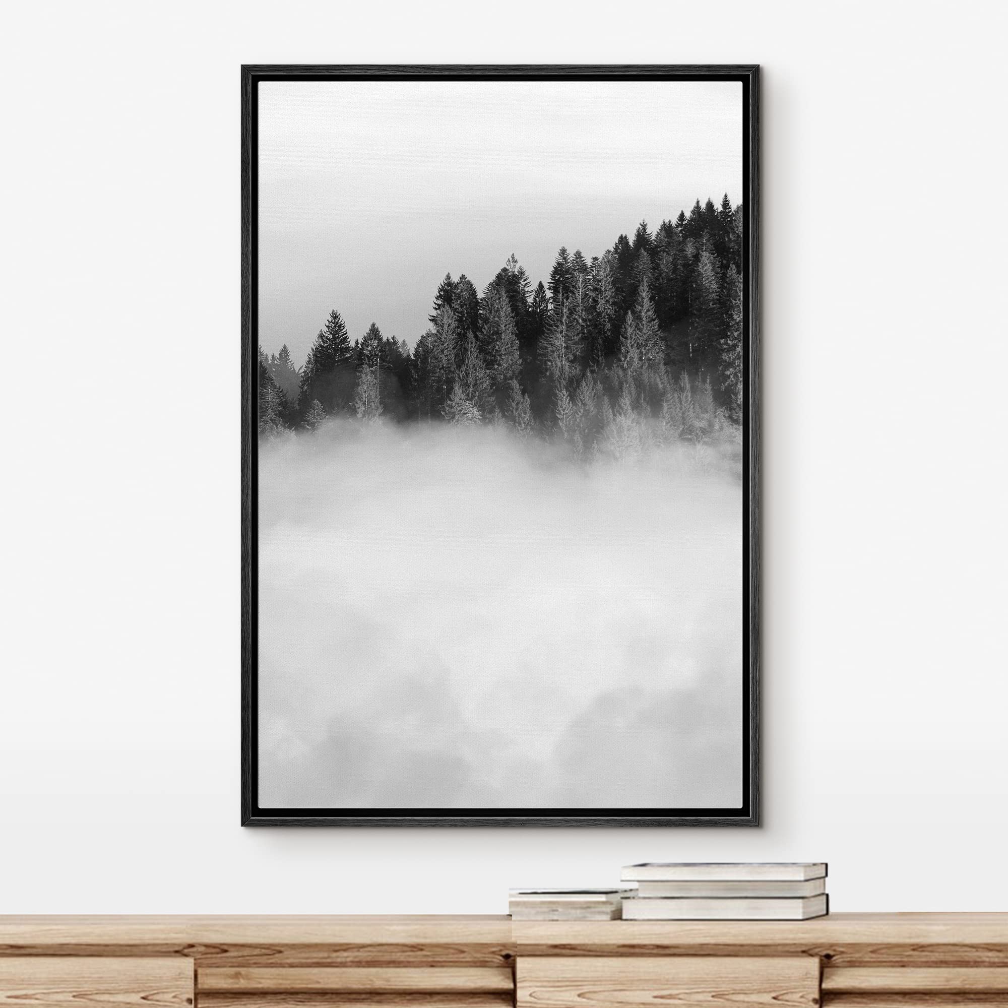IDEA4WALL Framed Canvas Print - Black & White Forest Mist Woodland Wall Art, Nature Wilderness Realism, Rustic Dramatic Decor for Living Room, Bedroom, Office, Nursery - 24