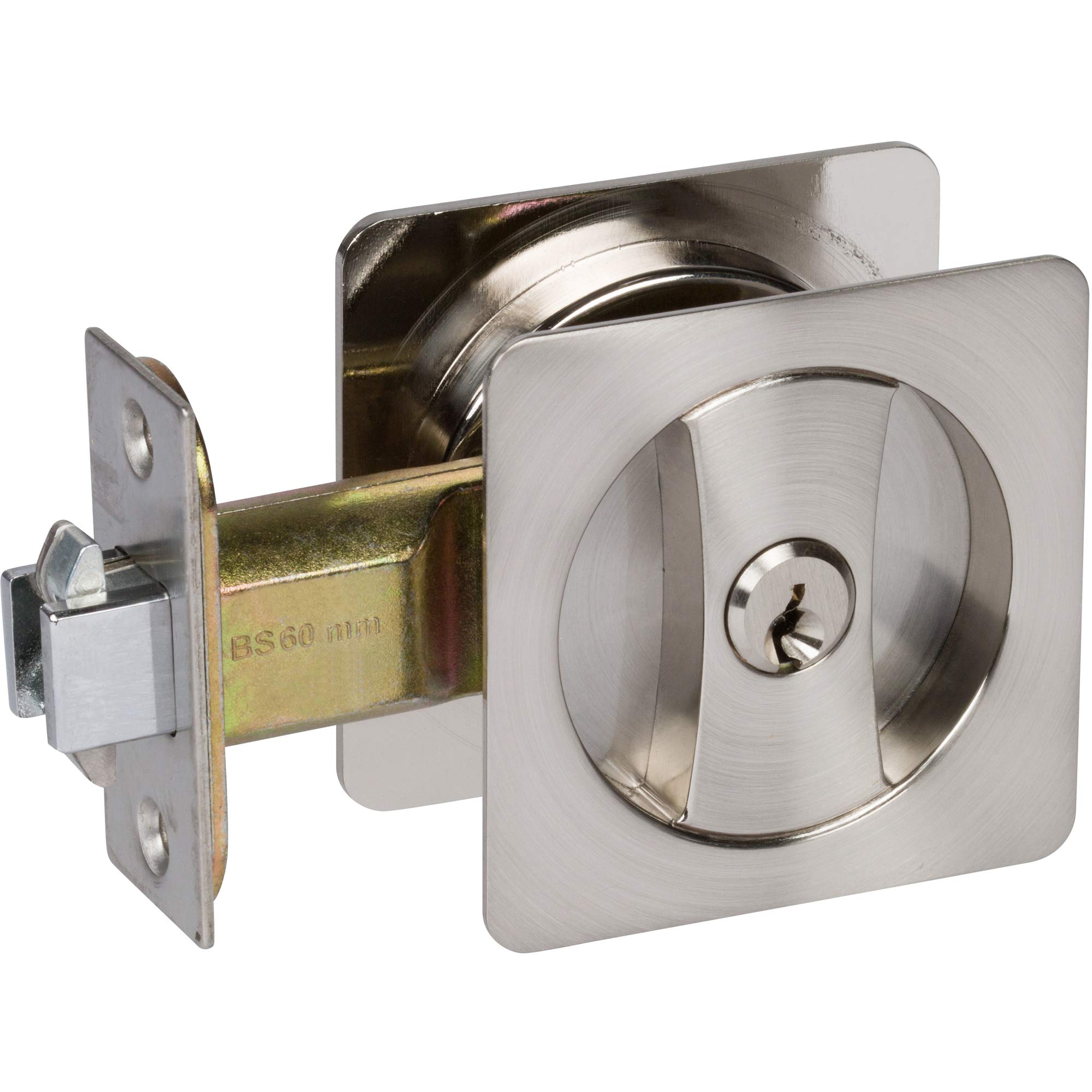 Delaney Hardware 370009 Contemporary Square Pocket Door Lock - Satin Nickel Finish with Key - Secure Sliding Door Lock for Bedrooms, Bathrooms & Closets