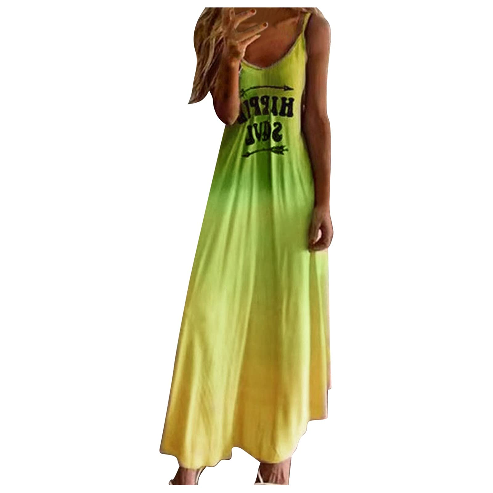 Women's Long Printed Beach Dress - Sleeveless Gradient Spaghetti Strap Maxi Dress for Summer Vacation, Pool Party & Boho Outfit
