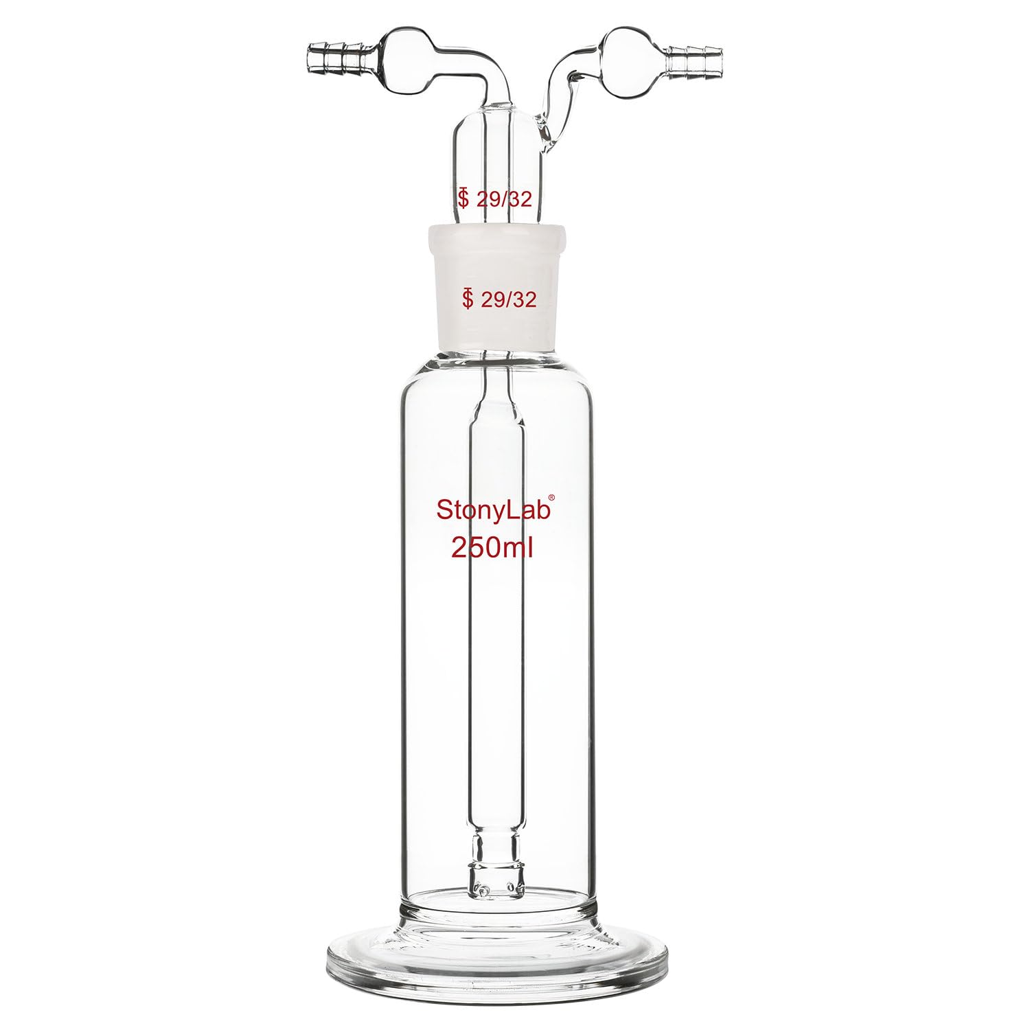 Stonylab Gas Washing Bottle - 250ml Borosilicate Glass with 29/32 Standard Joint & 8mm Serrated Hose - Ideal for Chemistry Labs, Gas Purification & Science Experiments