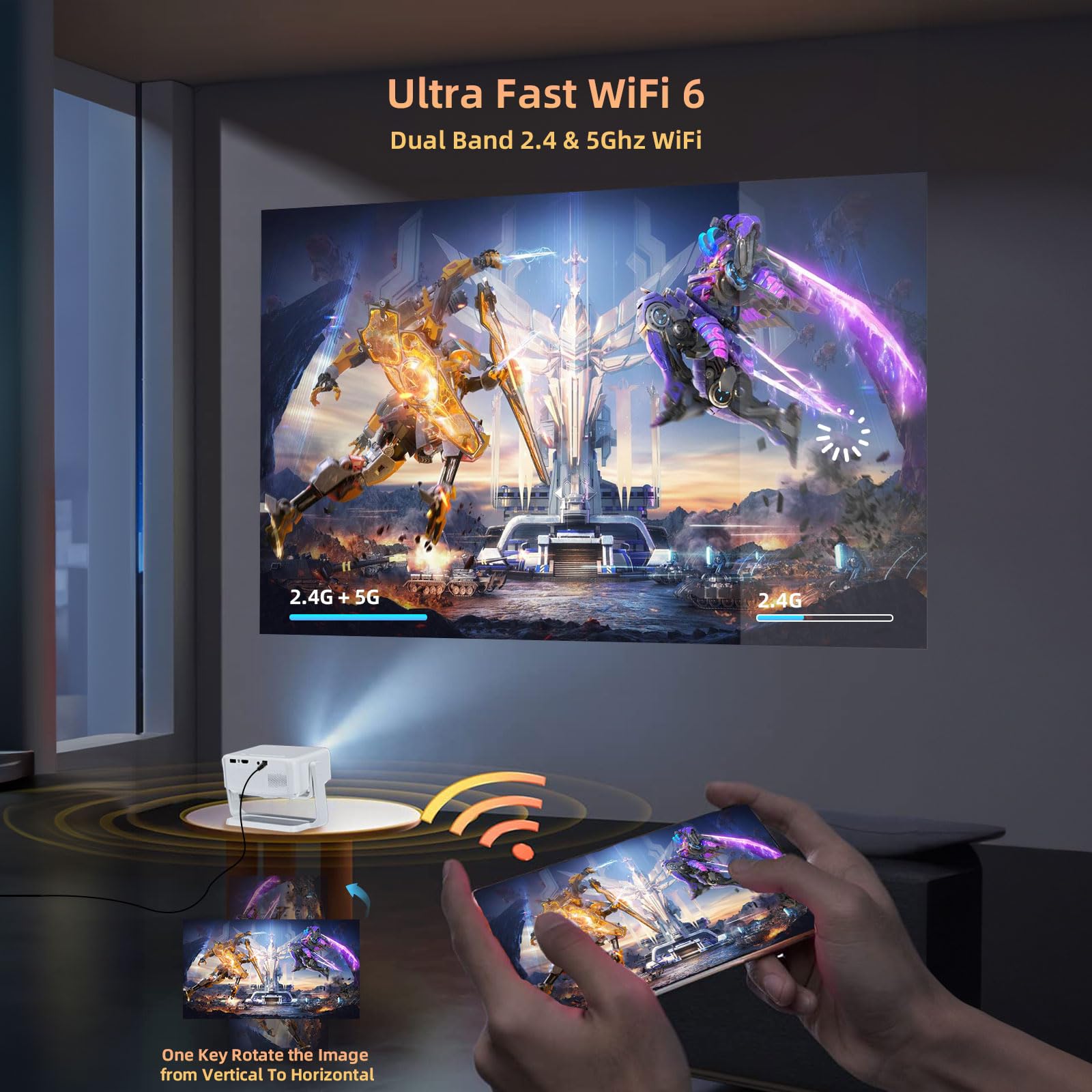 360° Adjustable Stand Mini Projector with WiFi & Bluetooth - Electric Focus, Auto Keystone, Native 1080P - Portable Movie Projector for iPhone/Android/Laptop/HDMI/TV Stick - Perfect for Home Theater, Outdoor Movies & Office Presentations