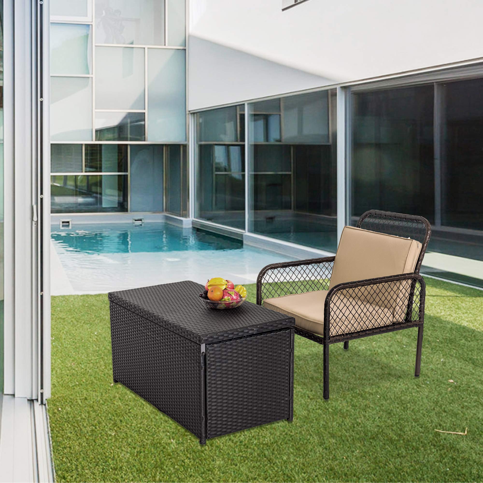 70 Gallon Outdoor Wicker Storage Box - Waterproof PE Rattan & Aluminum Patio Pool Cushion Organizer, Garden Supplies Container - Perfect for Backyard, Poolside & Patio Furniture Storage