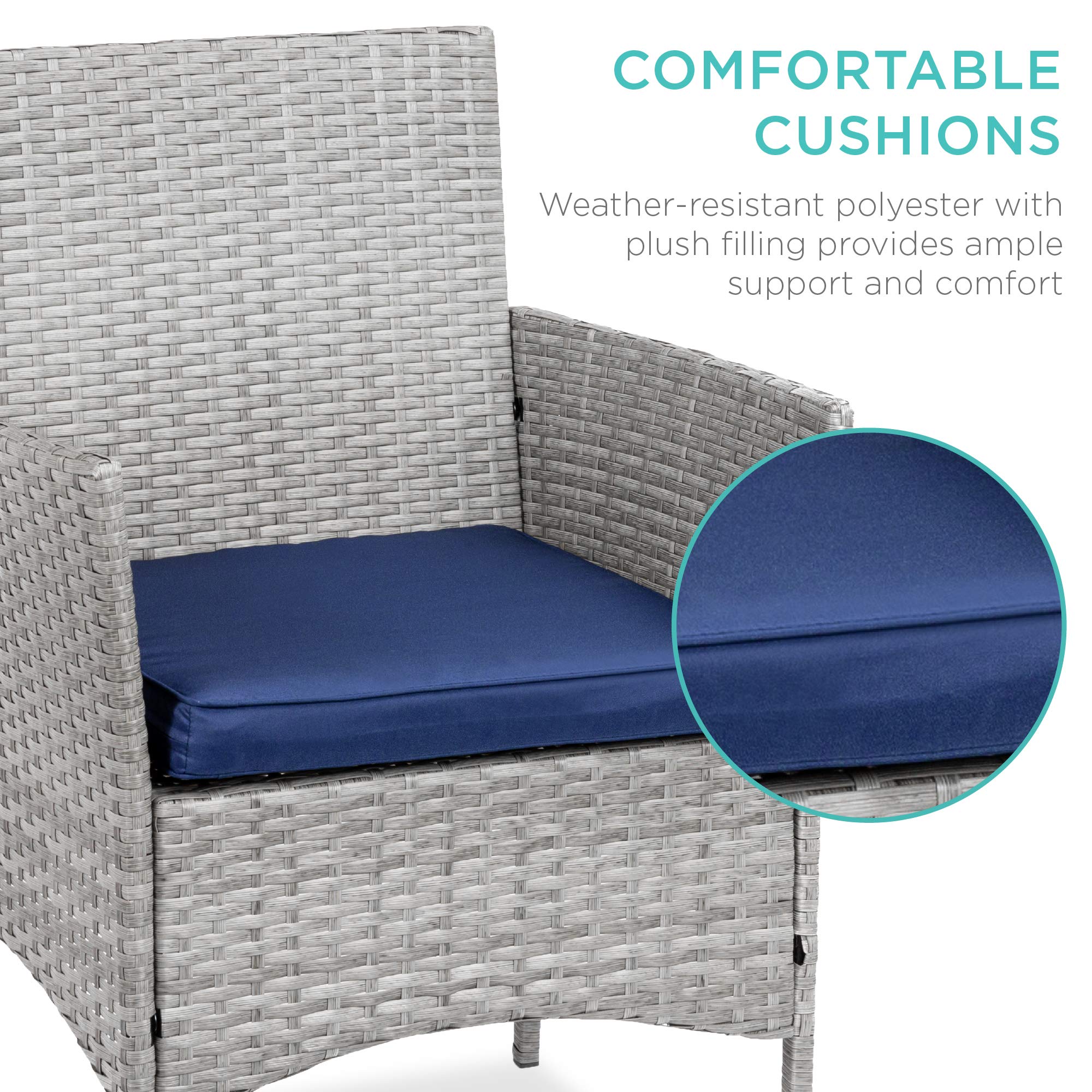 Best Choice Products 3-Piece Outdoor Wicker Conversation Bistro Set - Space Saving Patio Furniture with Side Table for Garden, Balcony & Small Spaces - Gray/Navy - Perfect for Coffee Mornings & Relaxing Evenings