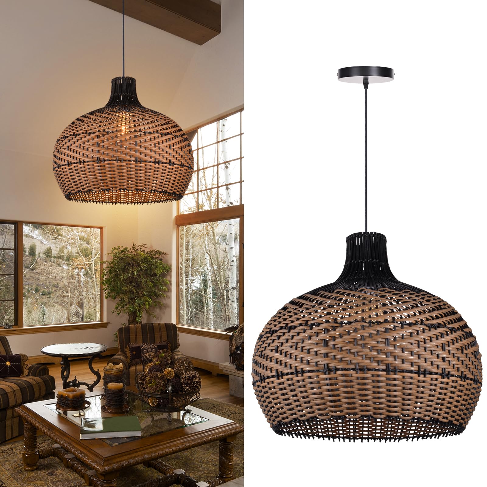 Arturesthome Handwoven Rattan Pendant Light Fixture - Natural Wicker Chandelier for Kitchen Island, Dining Room, Living Room & Bedroom | Boho Ceiling Lamp with Woven Lampshade | Perfect for Farmhouse, Coastal & Bohemian Home Decor