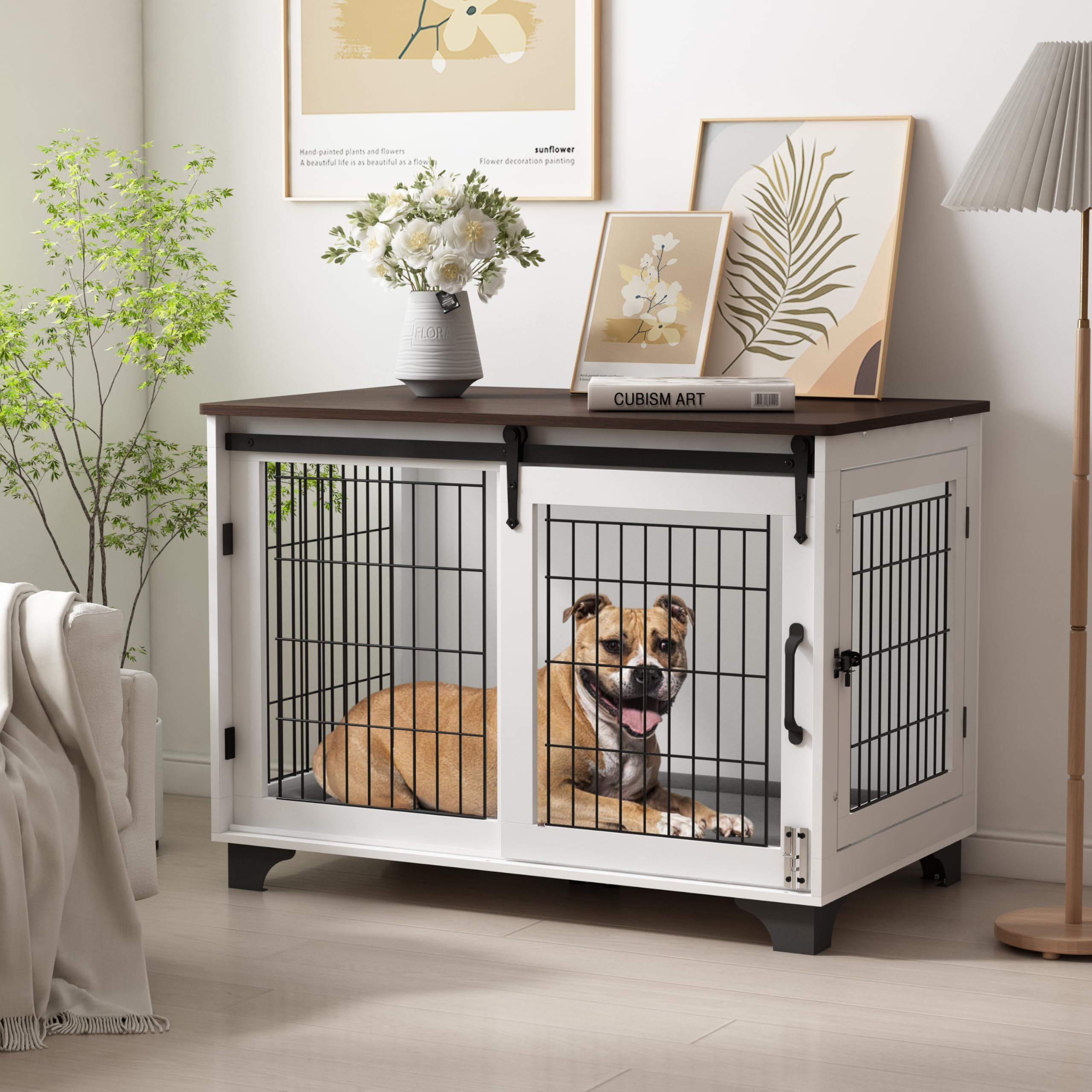 Piskyet Large Dog Crate Furniture - Barn Door Dog Kennel for Dogs Up to 60 lbs, Modern Sliding Door Pet Crate with Decorative End Table & Nightstand Design - Perfect for Living Room, Bedroom or Office