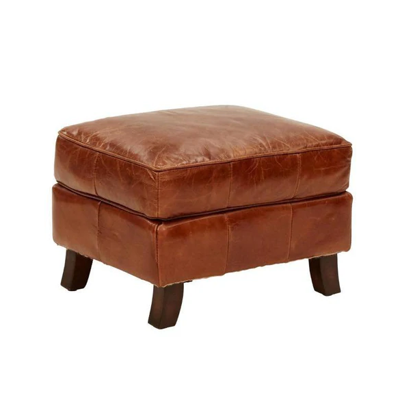 Stanwick Genuine Leather Footstool Ottoman - Aged Brown Leather Storage Ottoman for Living Room, Bedroom & Office - Perfect for Extra Seating, Footrest & Home Decor