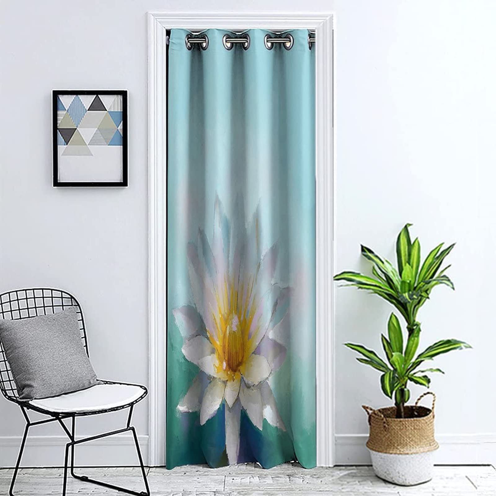 Watercolor Floral Door Curtain with Grommets - 42x80 Inch Privacy Window Panel for Bedroom, Living Room & Closet Door - Lotus Daisy Seedling Herb Print Home Decor
