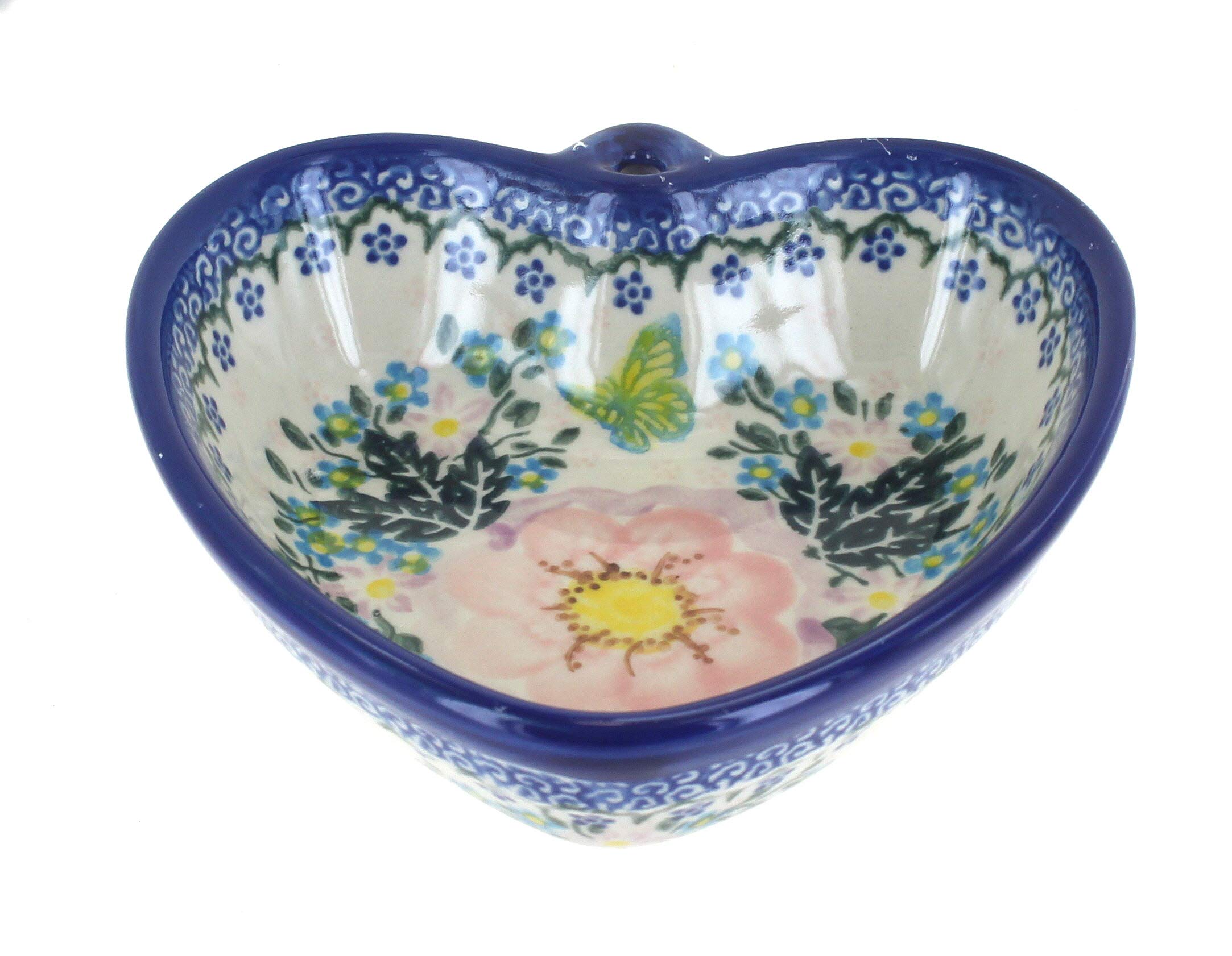 Handmade Blue Rose Polish Pottery Apple Blossom Heart Bowl - Authentic Ceramic Serving Dish for Soups, Salads & Desserts | Perfect for Valentine's Day, Weddings & Romantic Home Decor