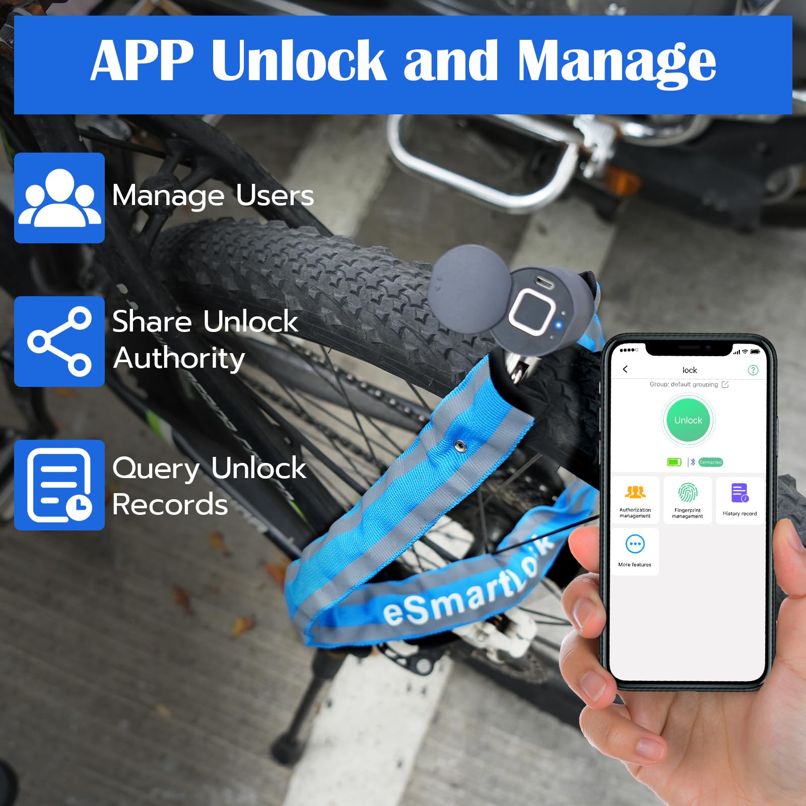 Eseesmart Fingerprint Bike Chain Lock - Heavy Duty Anti-Theft 3.28ft Smart Bicycle Lock with APP Control, Waterproof Security Cable for Bikes, Scooters, Motorcycles, Doors, Gates & Fences | Perfect for Urban Commuting, Outdoor Adventures & Home Security