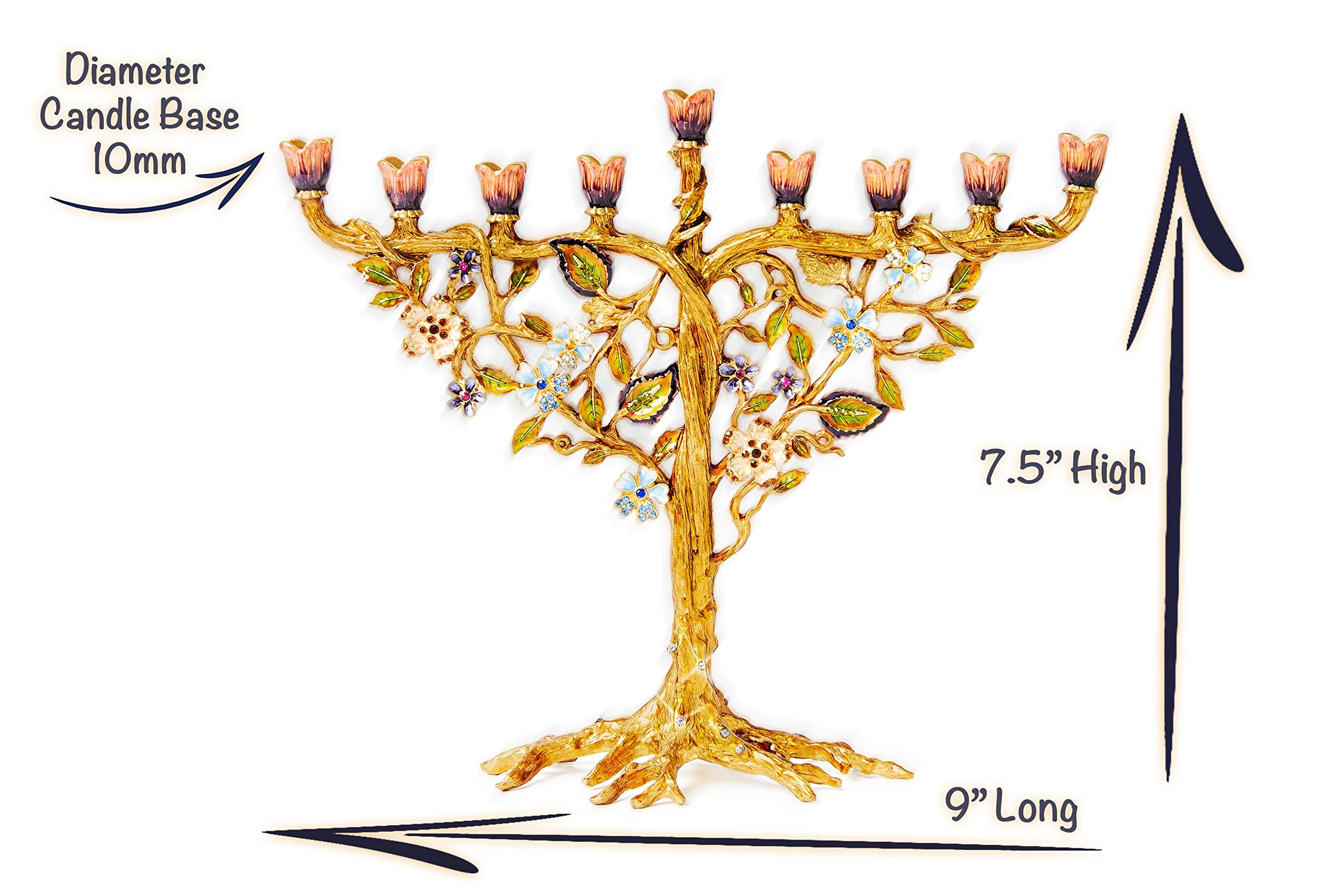 Hand Painted Jewish Menorah Candle Holder - Metal Hanukkah Candelabra with Crystal Embellishments & Floral Vine Design, Fits 9mm (5/16