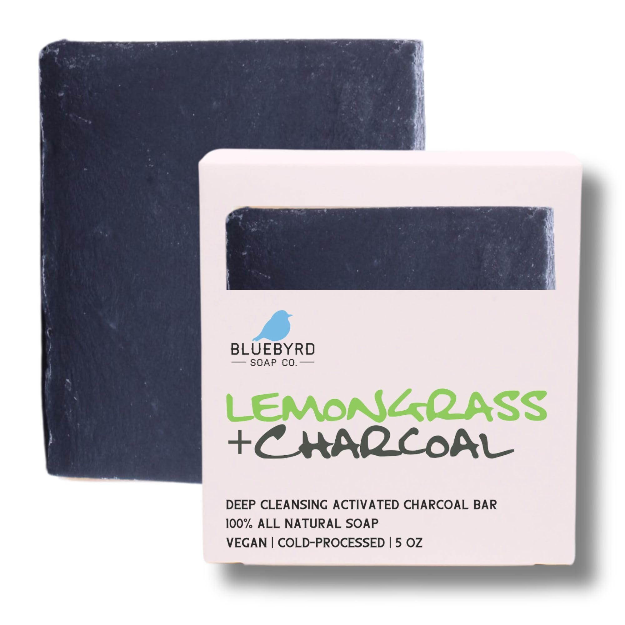BLUEBYRD Lemongrass Essential Oil Soap Bar - 100% Natural Activated Charcoal Black Soap | Vegan, Detoxifying & Cleansing Body Wash | Handmade in USA | Perfect for Acne-Prone Skin & Deep Pore Cleansing