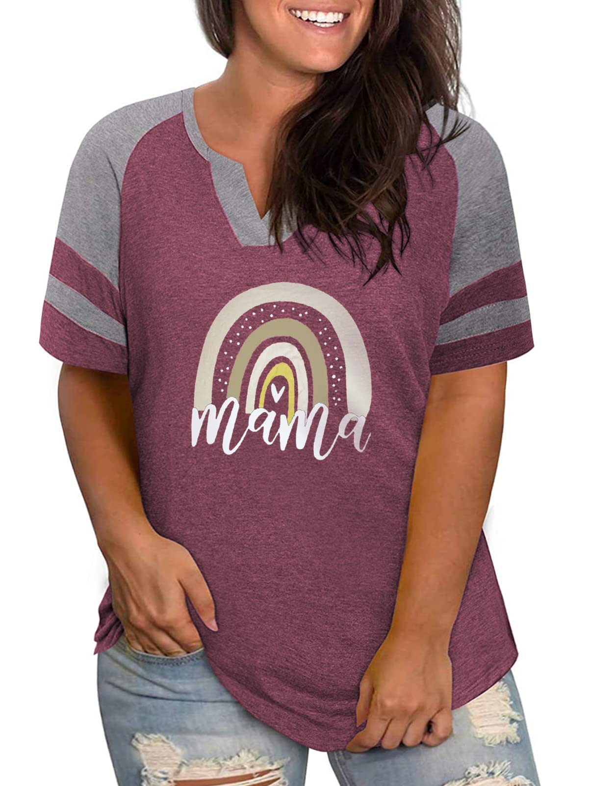 DOLNINE Women's Plus Size Striped V-Neck T-Shirts - Summer Casual Raglan Tunics for Women - Perfect for Everyday Wear, Work & Vacation Outfits