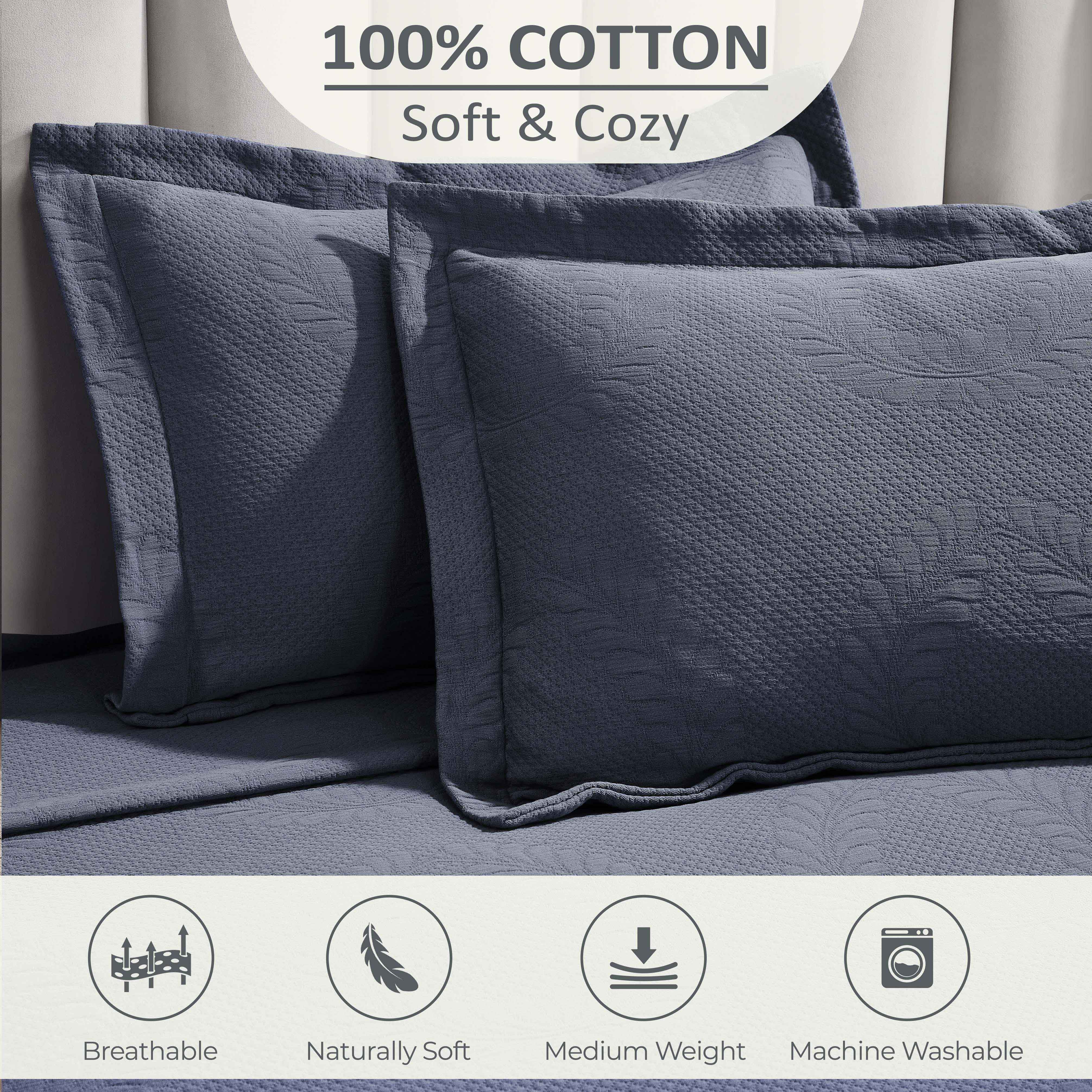 Peploi Cotton Medium Weight Matelasse Bedspread & Sham Set - Queen Size, Luxury Textured Bed Cover for Master Bedroom, Guest Room & Dorm Decor