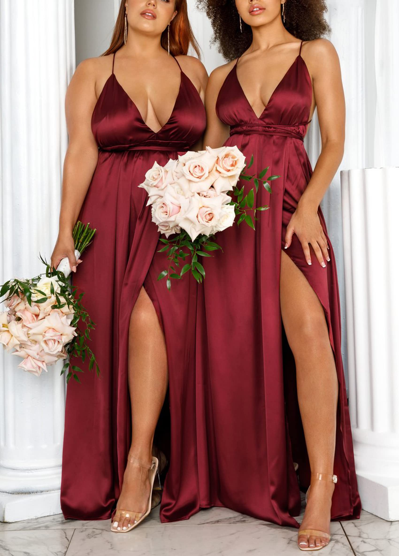 Elegant Women's Satin Formal Dress - Sexy V Neck Backless Long Maxi Gown with High Slit for Cocktail Party, Wedding Guest & Evening Occasions