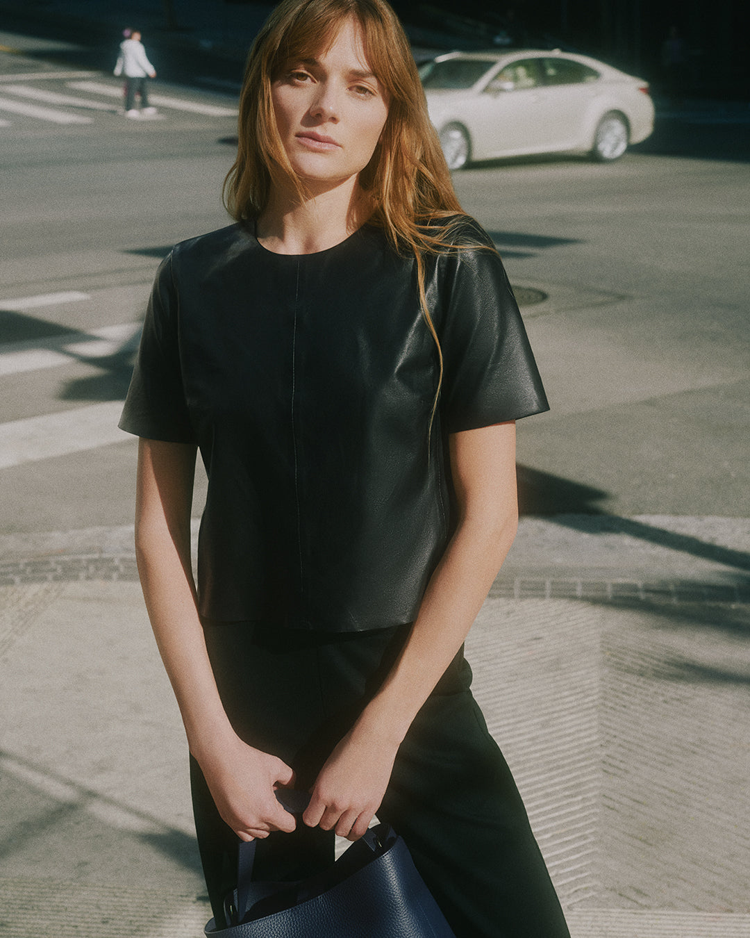 Women's Leather Cropped T-Shirt - Stylish Faux Leather Short Sleeve Top for Casual Outings & Night Out