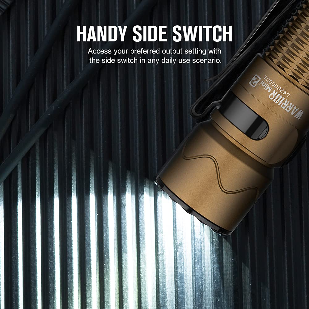 Olight Warrior Mini 2 Tactical Flashlight - 1750 Lumens, Rechargeable, Dual Switch & Proximity Sensor | High Performance LED for EDC, Outdoor, Camping, Emergency & Tactical Use (Desert Tan)