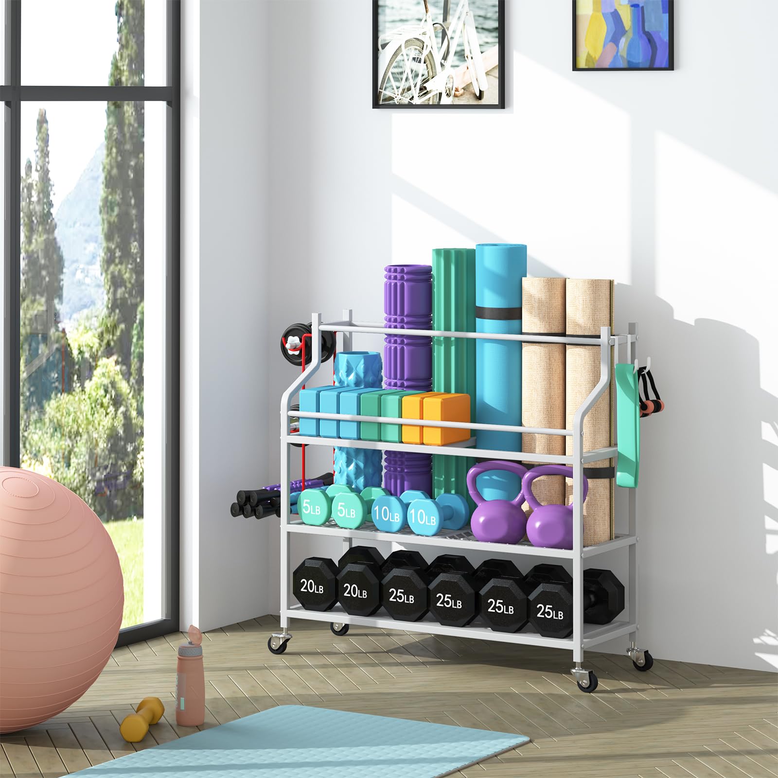 VILAWLENCE Yoga Mat Storage Rack Cart - Multifunctional Home Gym Organizer for Dumbbells, Kettlebells & Jump Ropes - Large Capacity Exercise Equipment Storage Solution for Yoga Mats, Weights & Fitness Gear - Perfect for Home Gym Organization & Workout Space Optimization