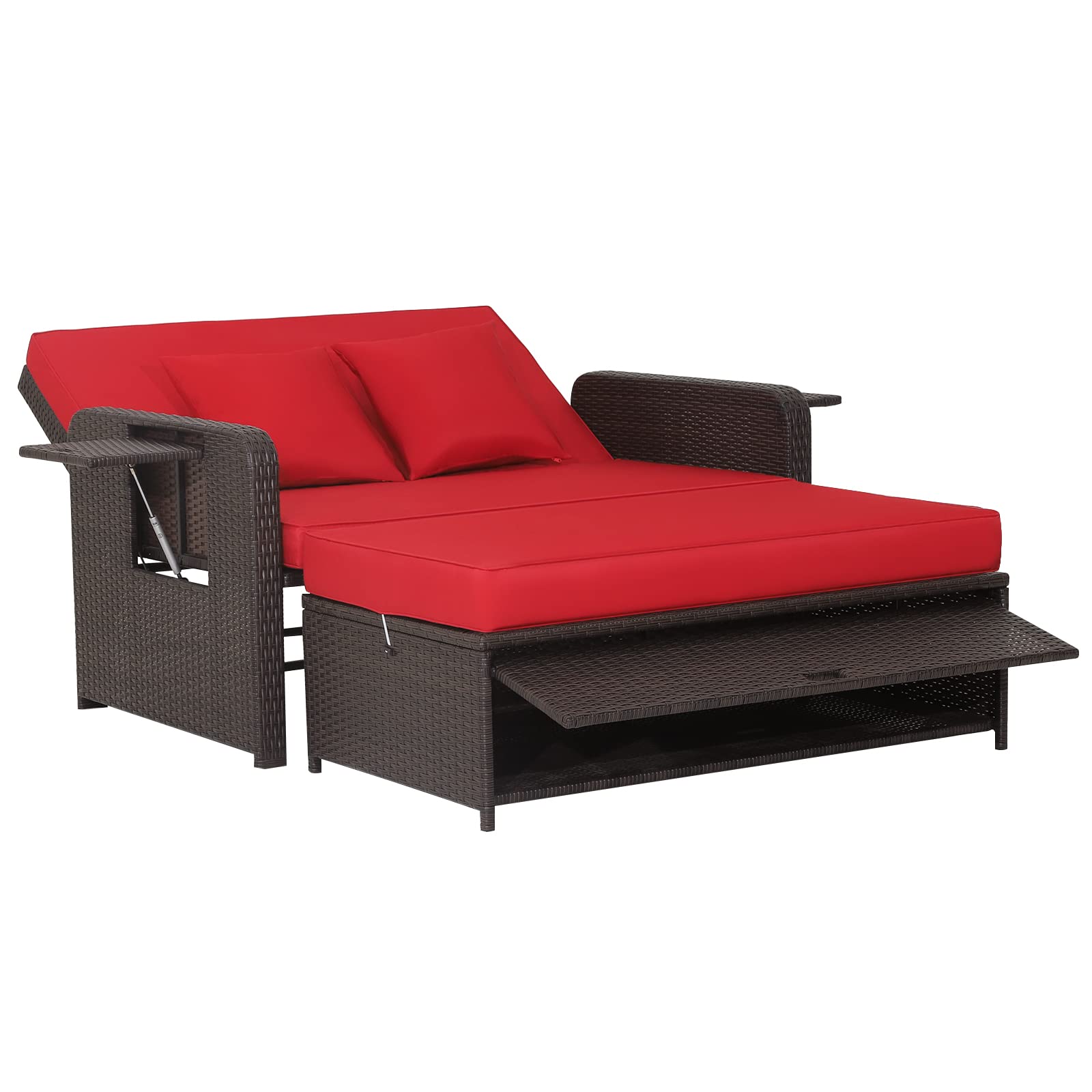 Tangkula Patio Rattan Daybed with Adjustable Backrest - Outdoor Wicker Loveseat Sofa Set with Ottoman, Side Tray & Storage - Perfect for Poolside, Garden or Patio Relaxation