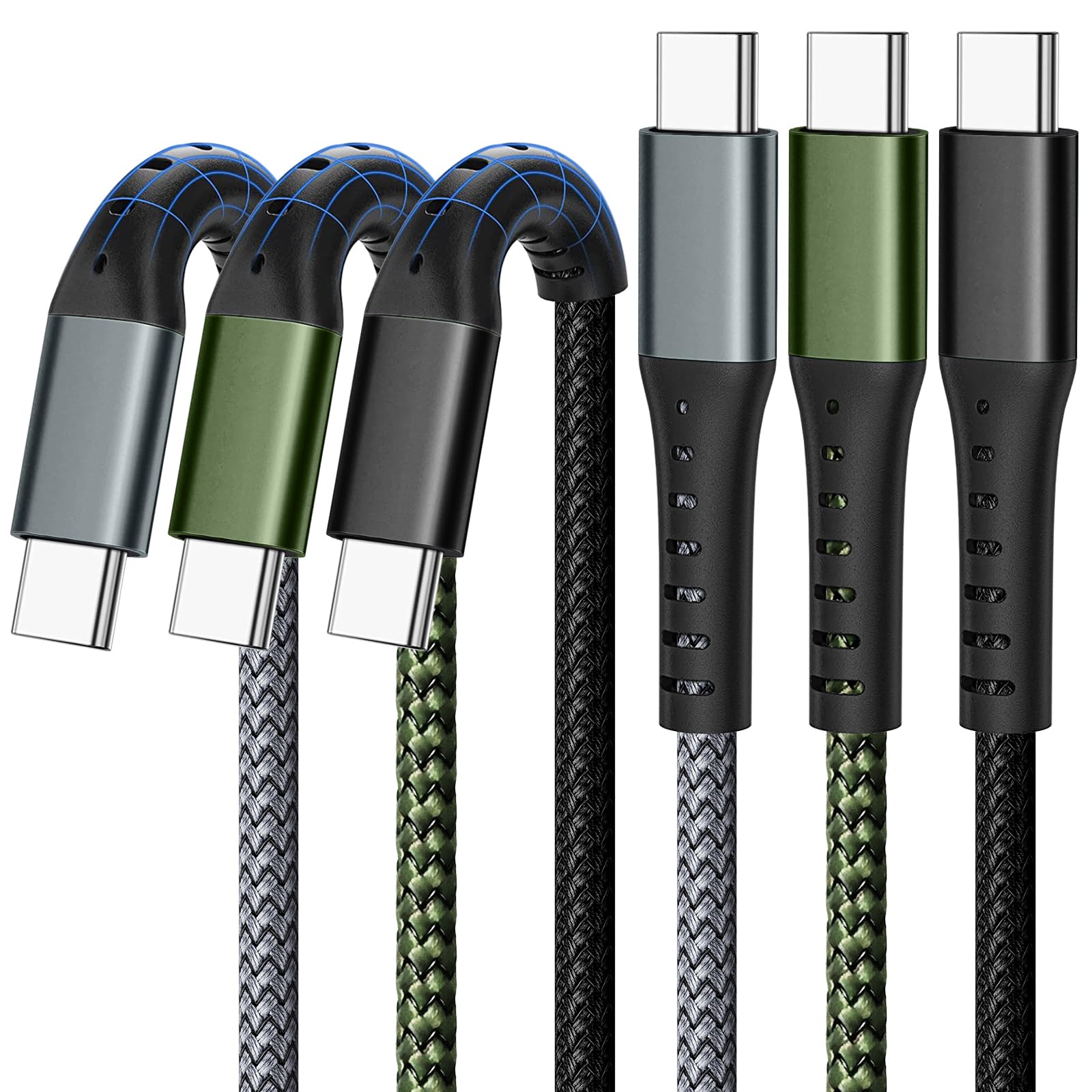 3-Pack 6.6ft 60W Fast Charging USB C to USB C Cable - Nylon Braided Type C Charger Cord for Samsung Galaxy, iPhone 15 Pro Max, Google Pixel 8/7, iPad Pro & MacBook - Perfect for Home, Office & Travel Charging