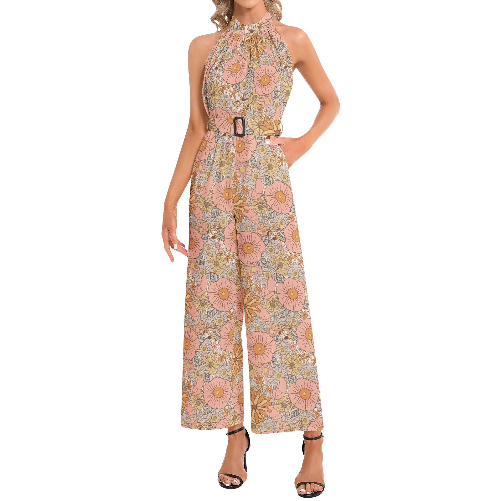 Women's Halter Neck Buckle Belted Jumpsuit - Pink Floral Print Romper for Summer, Beach, and Party Wear