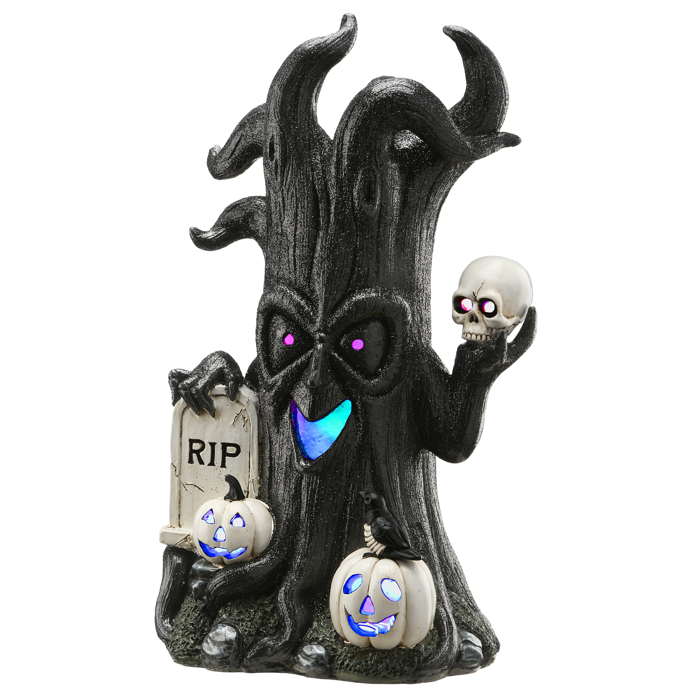 15 Inch Halloween Tree with Skull and RIP Tombstone Decor - LED Lighted Spooky Graveyard Display for Indoor/Outdoor Halloween Party Decorations