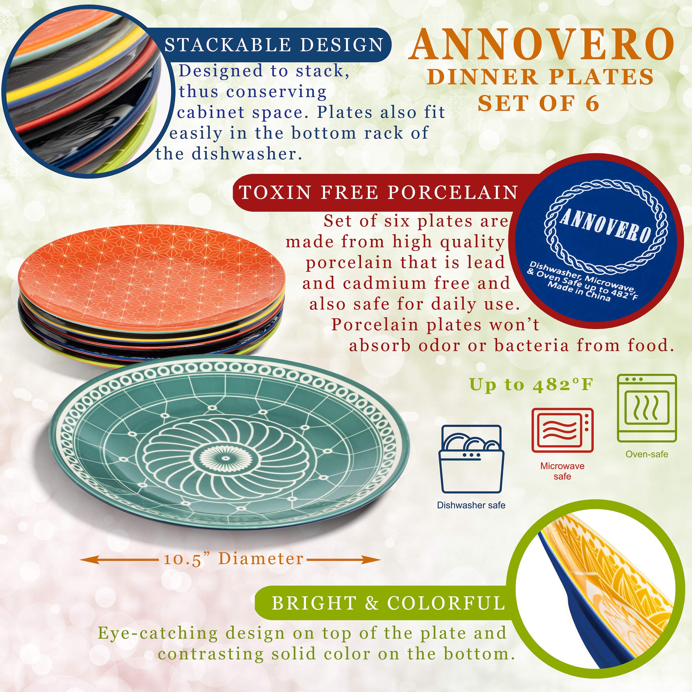 Annovero 10-Piece Dinner Plates & Dessert Bowls Set - Microwave & Dishwasher Safe Colorful Porcelain Dinnerware for Family Dining, Parties & Restaurant Use