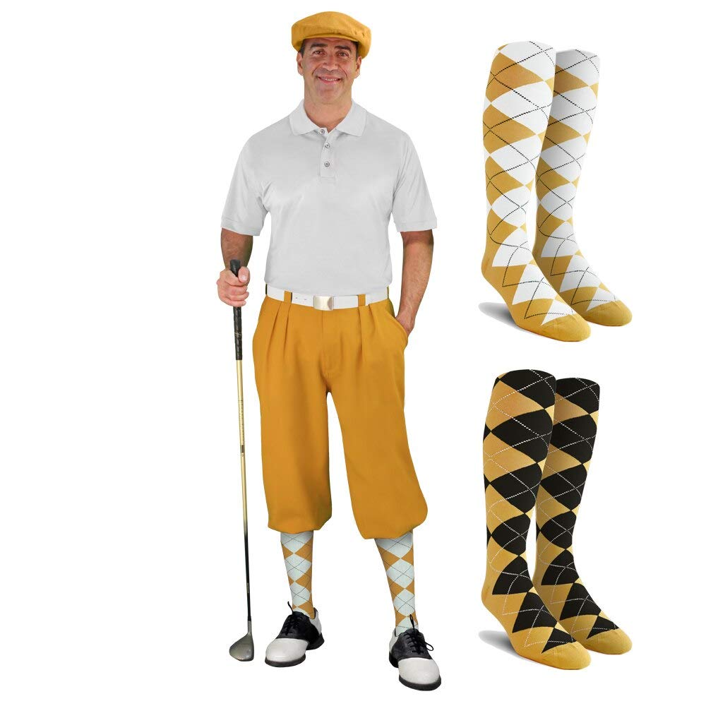 Men's Stylish Gold Golf Outfit Set - Matching Knickers, Cap & 2 Over-The-Calf Socks for Golfers | Perfect for Golf Tournaments & Country Club Events