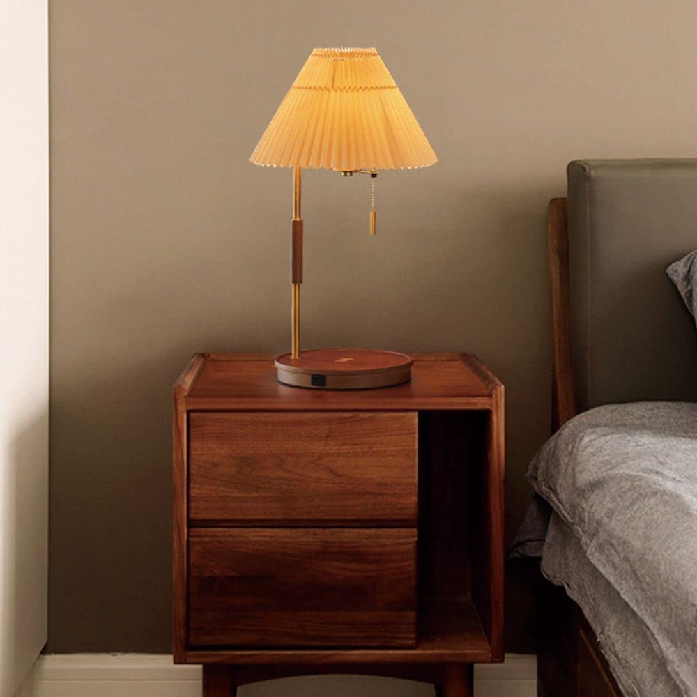 Wireless Charging Desk Lamp with Pleated Fabric Shade - Solid Wood Night Light for Bedroom, Office & Study | USB-C Fast Charging, Adjustable Brightness, Modern Home Decor Lighting