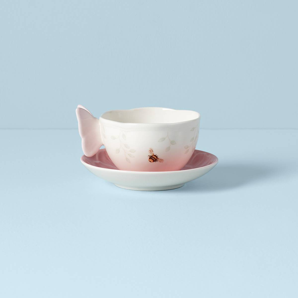 Butterfly Meadow Floral Pink Tea Cup and Saucer Set - Elegant Porcelain Tea Set for Afternoon Tea, Bridal Shower, and Home Decor
