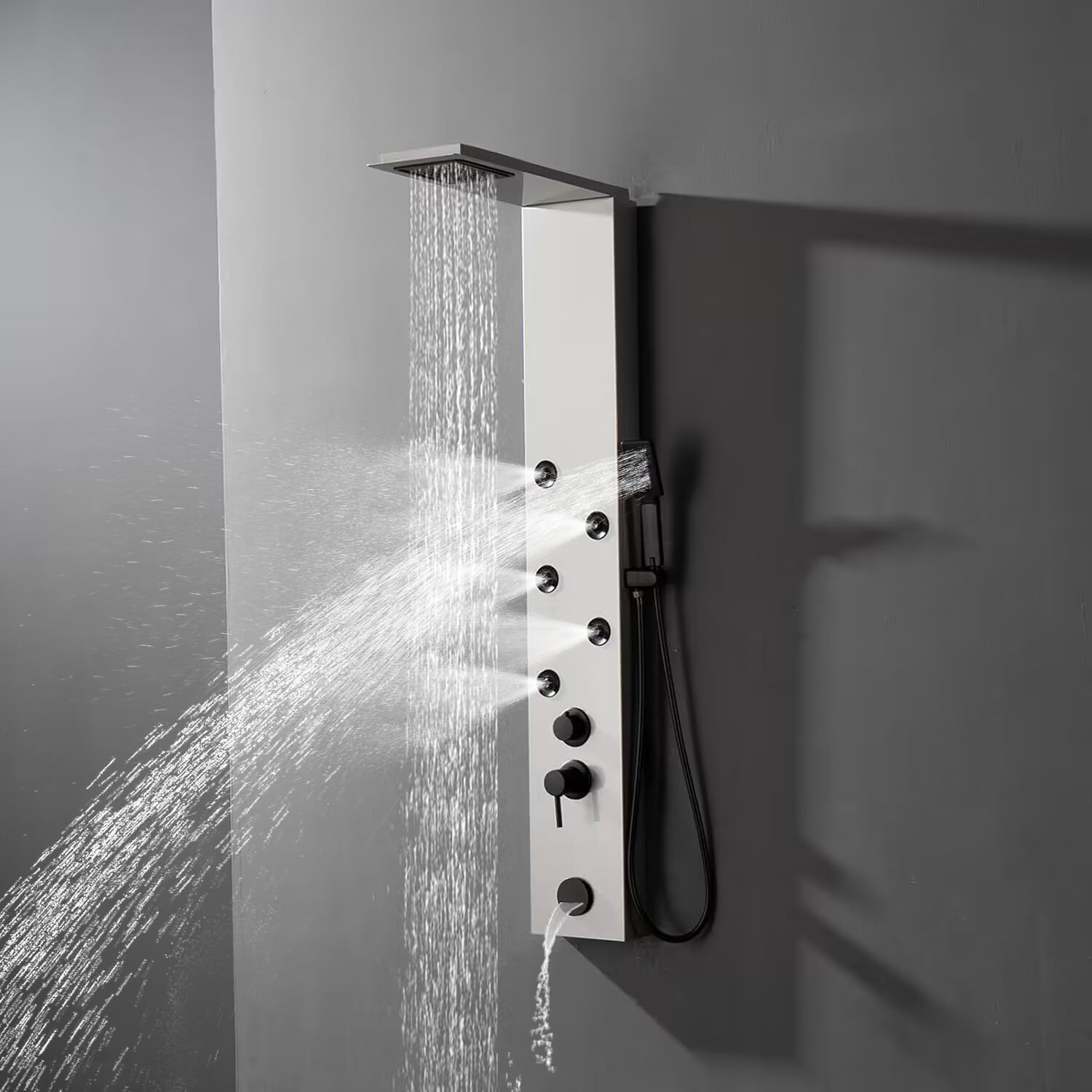 Premium Stainless Steel Shower Panel Tower System with Rainfall Shower Head, 5 Adjustable Body Jets, Handheld Spray & Tub Spout in Brushed Nickel - Perfect for Spa-Like Bathroom Upgrades & Luxury Home Renovations