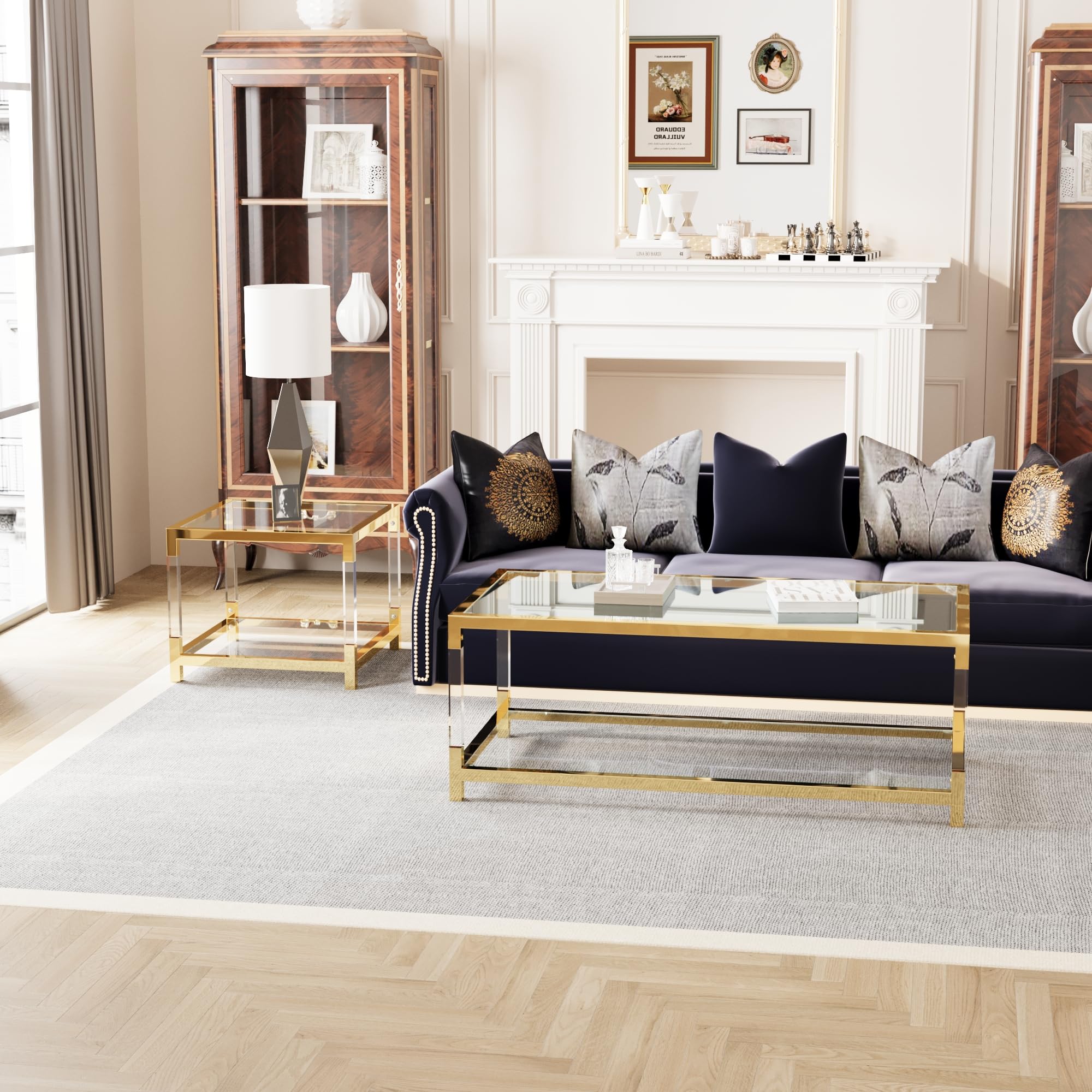 Premium 2-Piece Glass Coffee Table Set - 2-Tier Modern Living Room End Tables with Gold Frame & Clear Acrylic Legs for Apartment, Office & Lounge Decor | Perfect for Entertaining Guests or Relaxing with Coffee