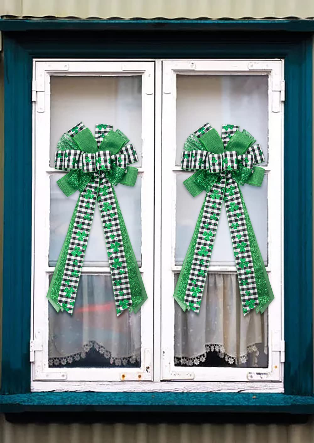 Large St. Patrick's Day Bows for Wreaths - Black & White Buffalo Plaid with Green Irish Shamrock - Holiday Burlap Tree Topper & Front Door Decor - Perfect for Wreath Making, Door Hangers, and St. Patrick's Day Party Decorations