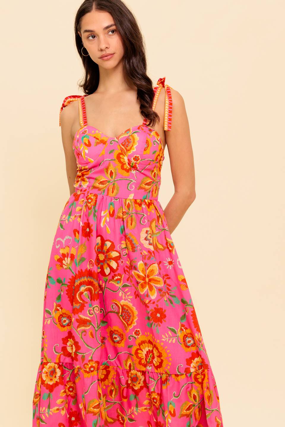Garden Gathering Bustier Midi Dress in Pink Multi - Perfect for Summer Parties, Weddings, and Outdoor Events