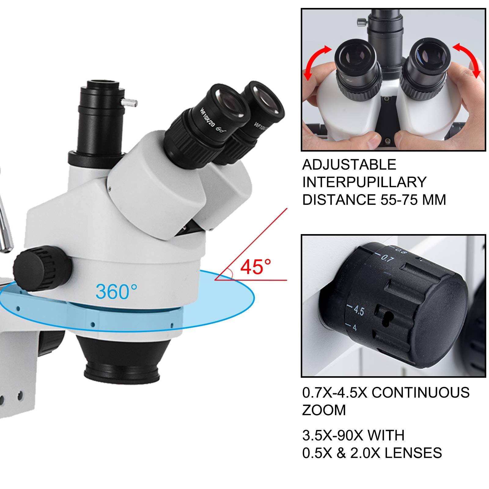 VEVOR Trinocular Stereo Zoom Microscope 3.5X-90X Magnification, 360° Rotatable Head with Dual Arm Stand - Ideal for Laboratory Research, Electronics Repair & Jewelry Inspection