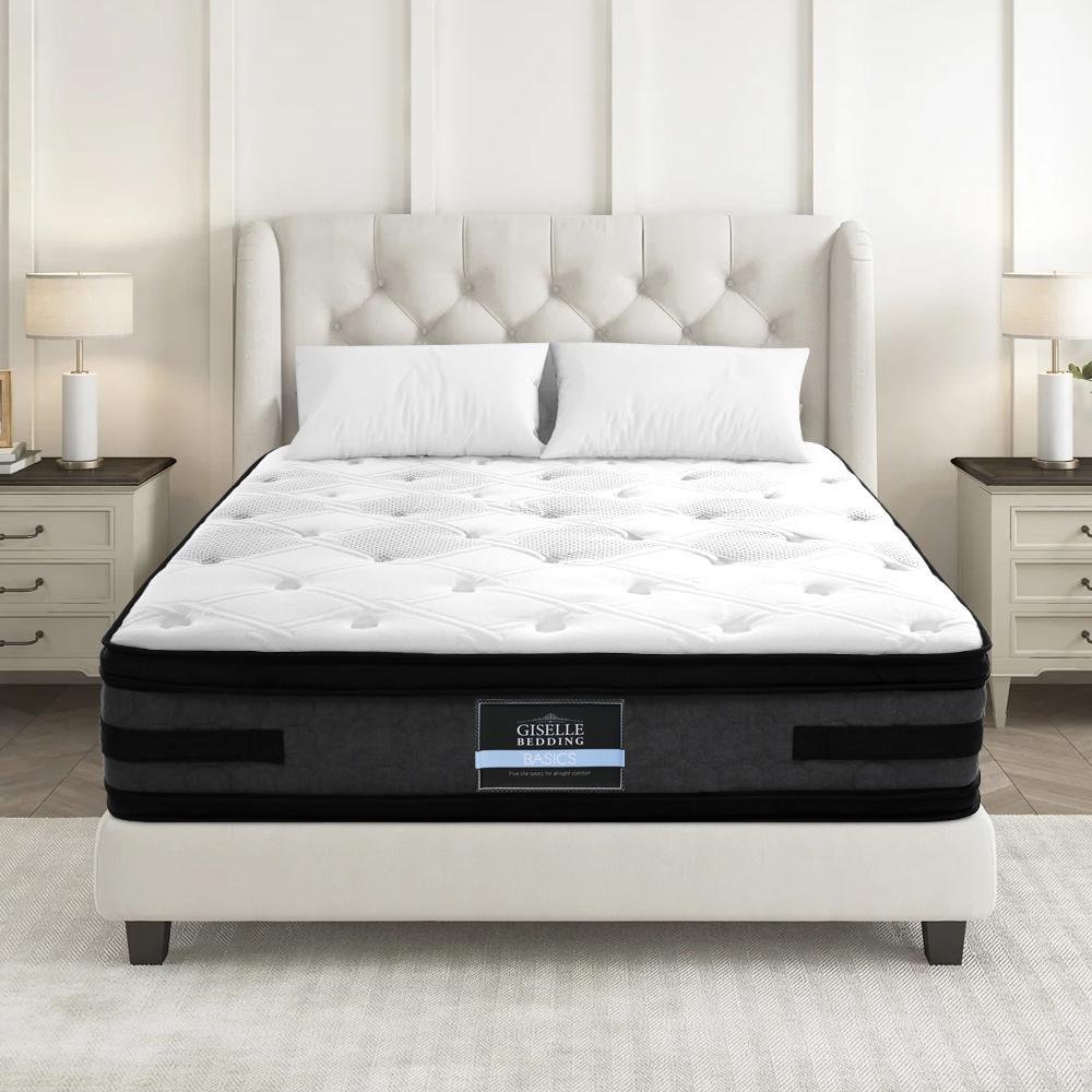 Premium Henley LED Bed Frame in Black with Luna Series Euro Top Medium Firm Mattress & Bamboo Mattress Topper - Complete Bed Set for Modern Bedrooms, Guest Rooms & Dormitories