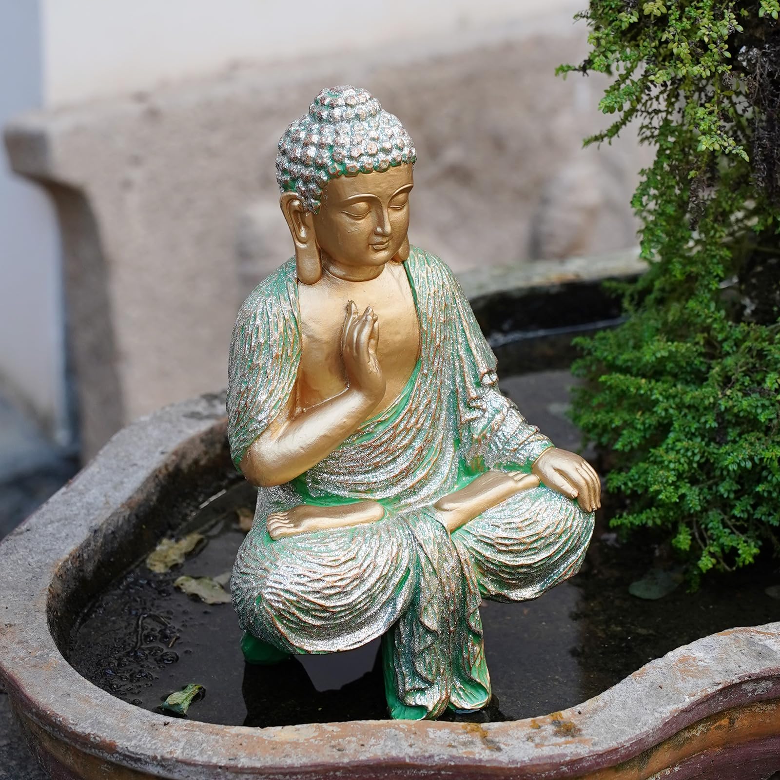 Green Outdoor Buddha Statue - Meditating Mudra Buddha Figurine for Zen Garden Decor, Patio, Balcony & Yard | Spiritual Home & Office Ornament | Perfect Gift for Meditation & Mindfulness Practice