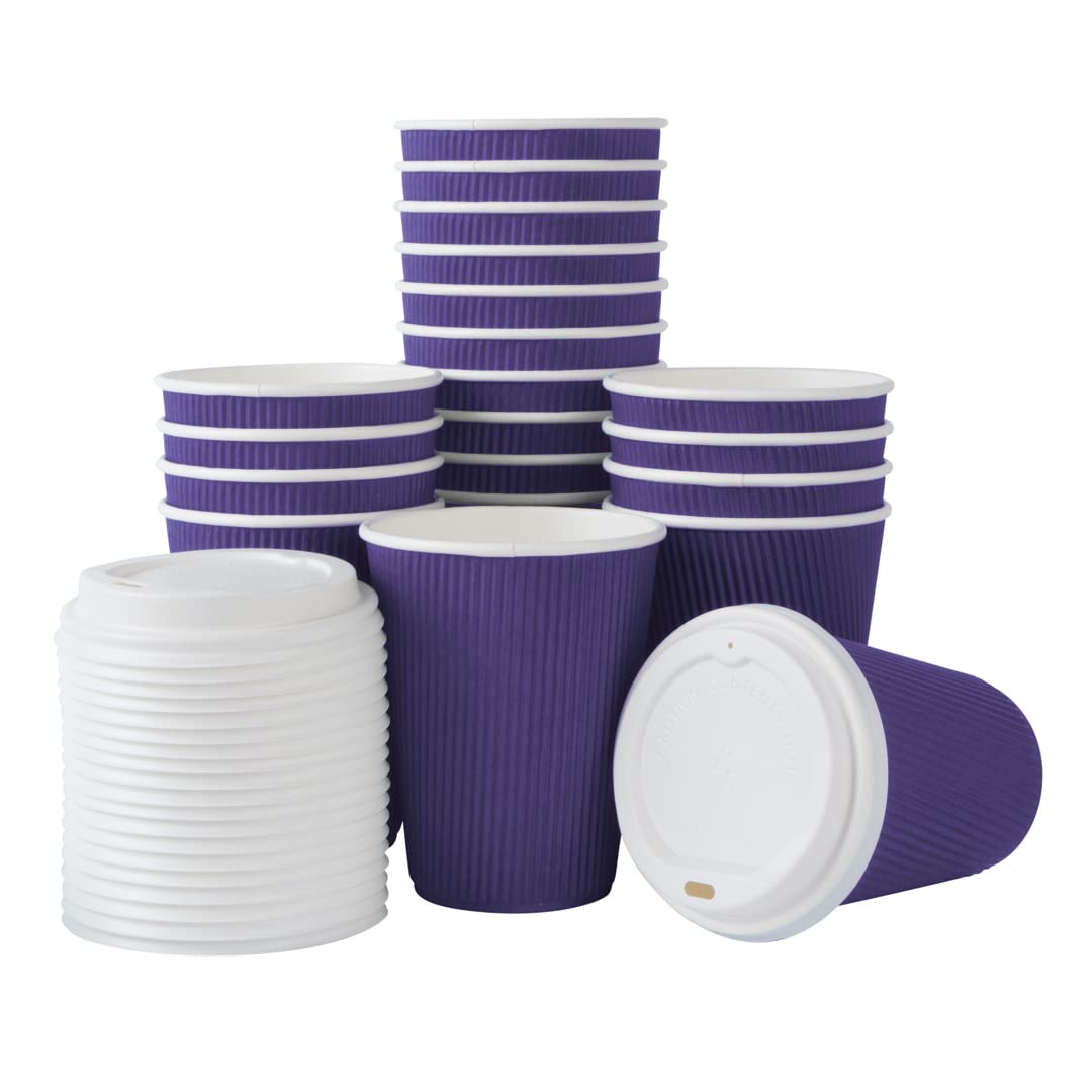 12 oz Insulated Coffee Cups with Lids - 20 Pack Royal Purple Disposable Paper Cups, Leakproof & Non-Slip for Hot Beverages - Perfect for Coffee, Tea, Hot Cocoa & Lattes at Cafes, Offices or Home Use