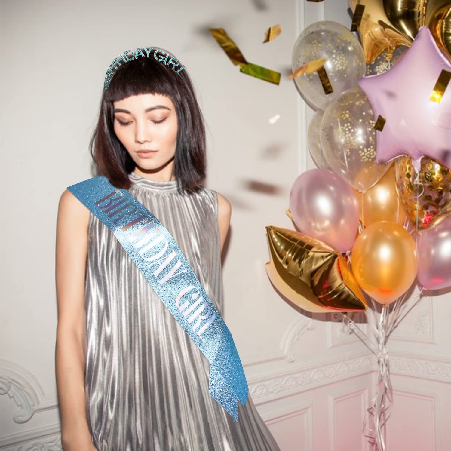 Chanaco Birthday Headband & Tiara Set for Women - Blue Birthday Sash, Crown, and Party Decorations | Perfect for Birthday Celebrations, Girls' Parties, and Special Occasions