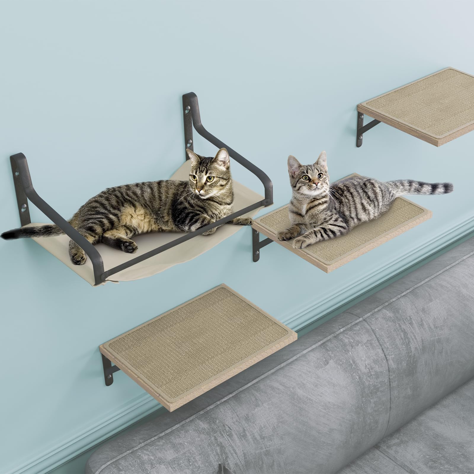 Premium Cat Wall Shelves & Hammock Set - Multi-Level Climbing Perch with Sisal Mat - Wall Mounted Cat Furniture for Sleeping, Playing & Exercise - Perfect for Indoor Cats in Apartments & Homes