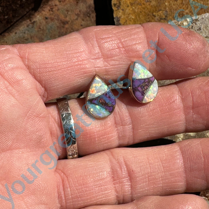 Opal & Mojave Purple Turquoise Sterling Silver Stud Earrings for Women | Dainty Pierced Post Jewelry for Everyday Wear & Special Occasions