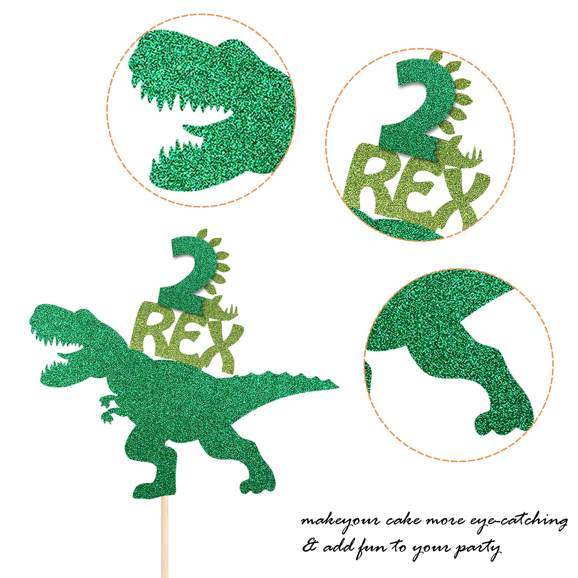 1 Pack Dinosaur 2nd Birthday Cake Topper - Glitter T-Rex Cake Decorations for Baby Shower, Dinosaur Theme Party Supplies (Green) - Perfect for Kids Birthday Cakes, Cupcake Toppers and Party Decorations