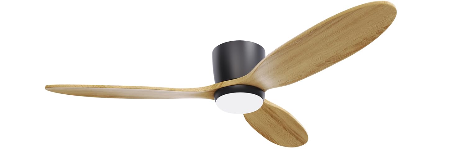 52 Inch Flush Mount Ceiling Fan with Light - Low Profile DC Motor Fan with Remote Control, 6 Speeds & 3 Color Lighting Options, Wood Blades in Modern Matte Black - Perfect for Outdoor, Patio, Bedroom and Living Room Spaces