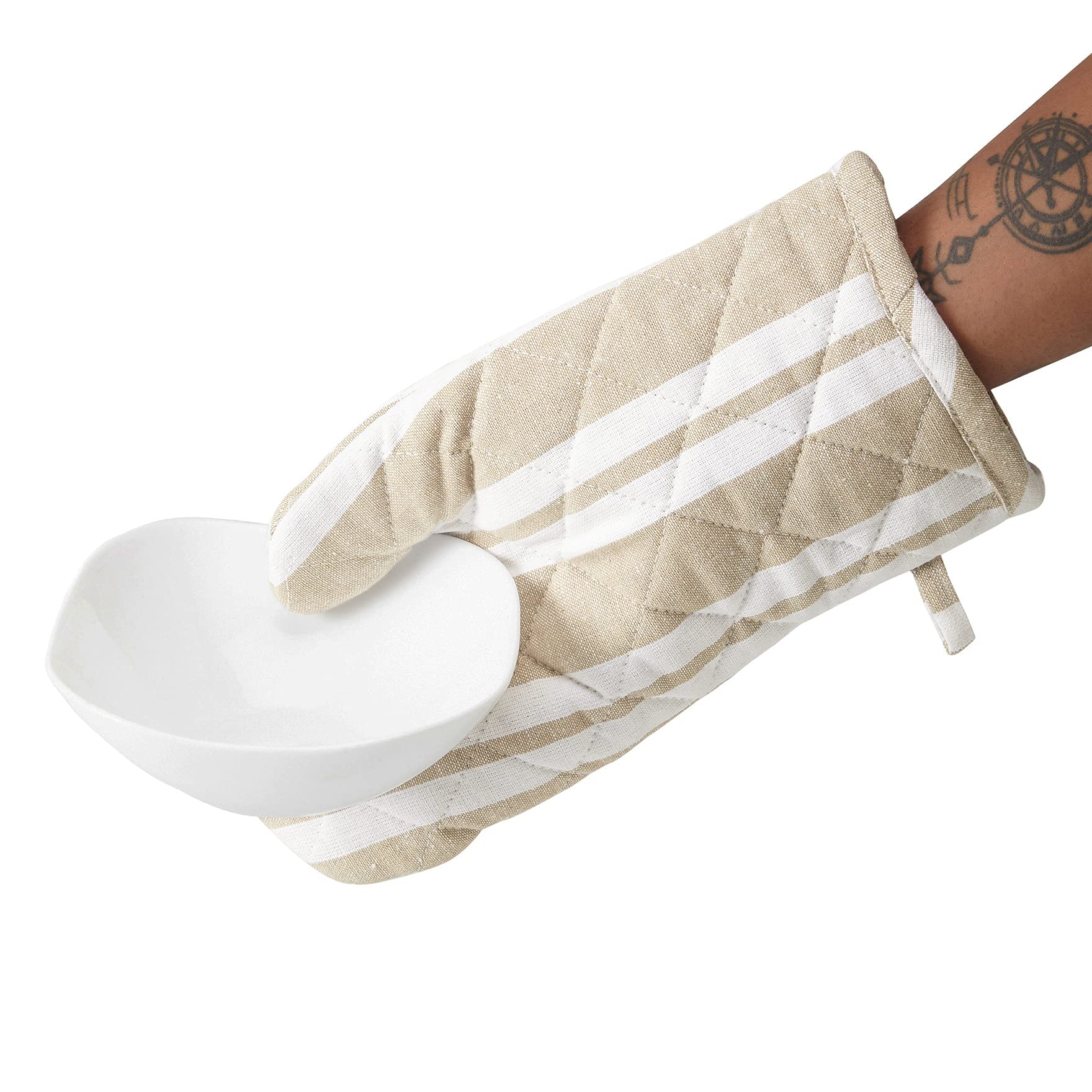 Encasa Homes Long Forno Microwave Oven Gloves (2-Piece Set) - Heat Resistant, Thick & Safe Kitchen Mitts for Cooking & Baking - Beige Striped Design - Perfect for Grilling, Baking & Microwave Use