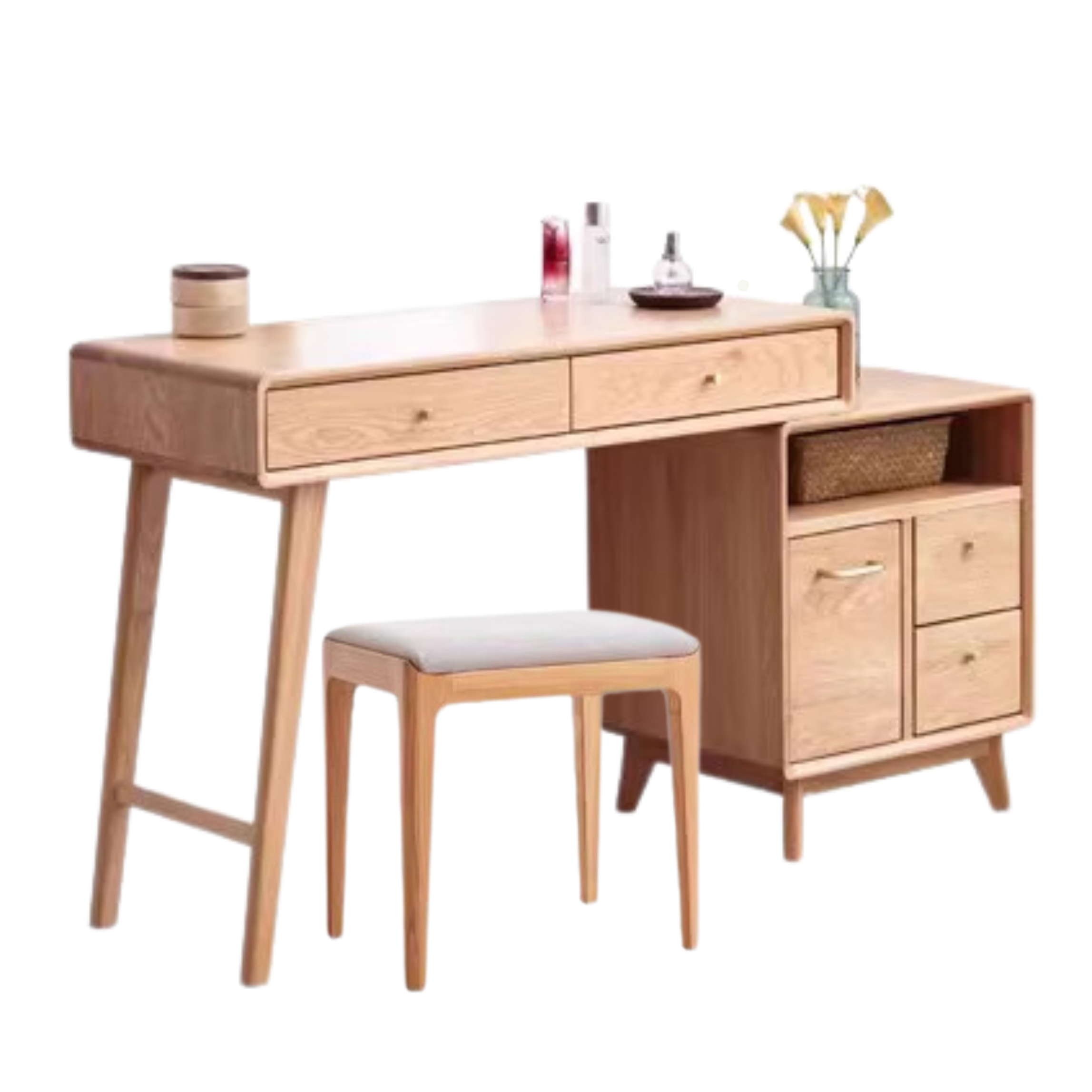 39.4-57.1x15.7x29.5 inch/ 100-145x40x75сm/ Natural Wood Color/ makeup table drawer cabinet  + makeup stool fog gray