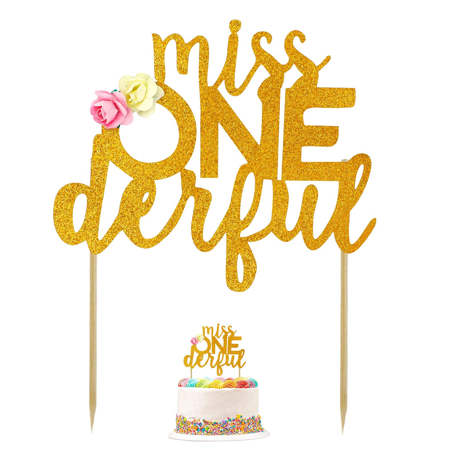Gold Glitter Miss Onederful 1st Birthday Cake Topper - Elegant Cake Decorations for Baby's First Birthday Party & Baby Shower - Perfect for Cake Decorating, Birthday Celebrations, and Special Occasions