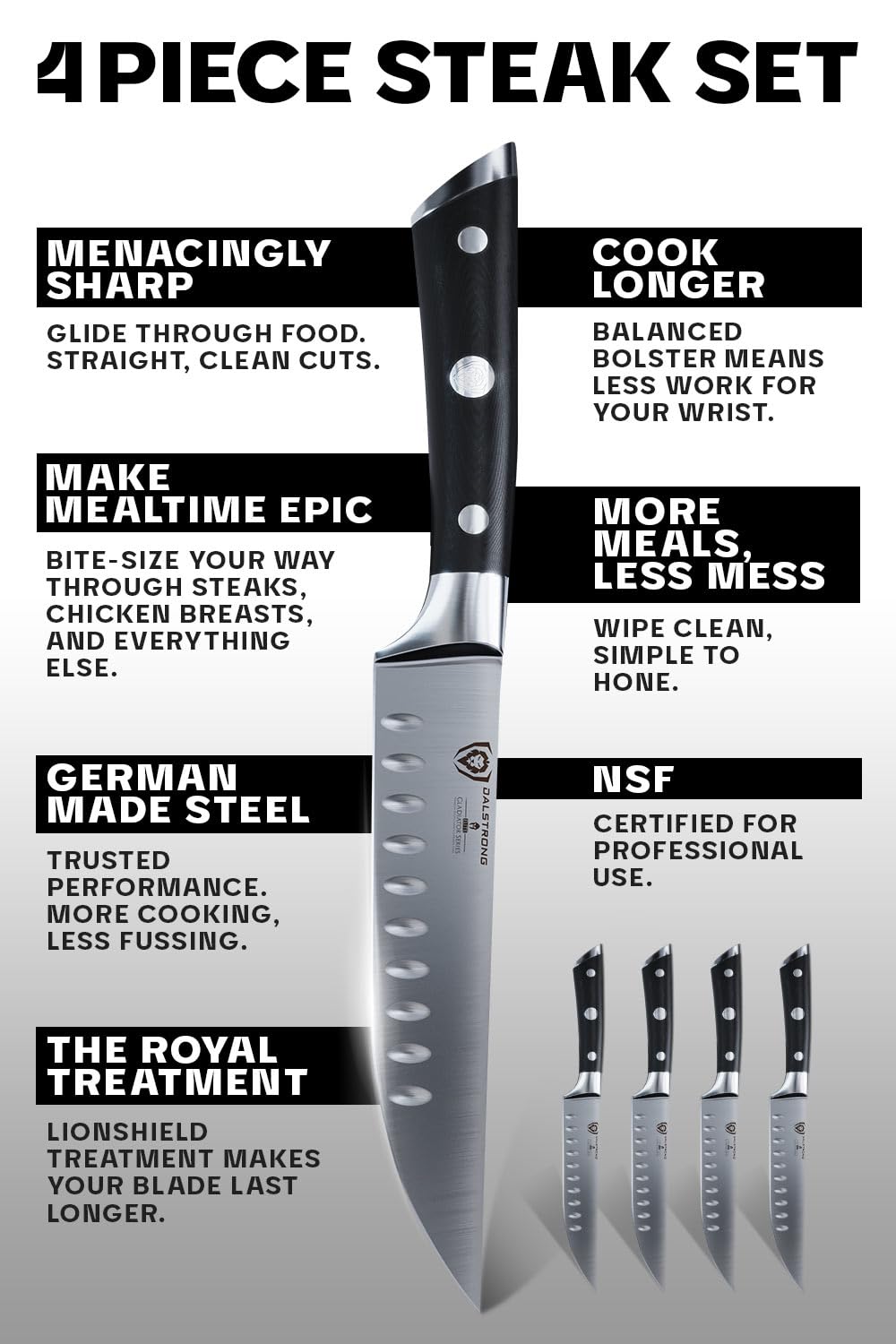 Dalstrong Gladiator Series Elite 4-Piece Steak Knives Set - Serrated German High-Carbon Steel Blades - Razor Sharp & NSF Certified - Perfect for Steak Dinners, BBQ Parties & Fine Dining Experiences