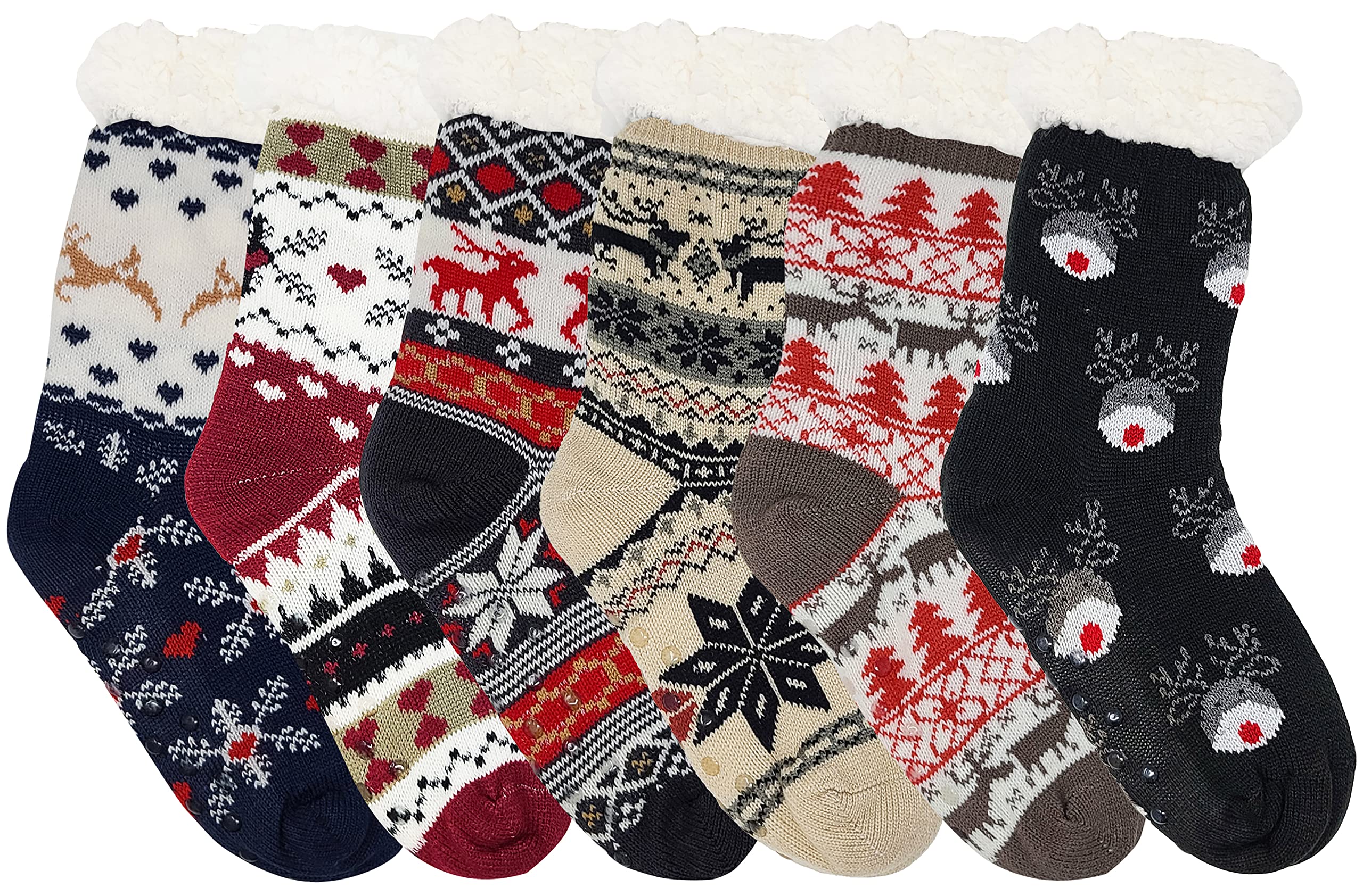 6 Pairs Unisex Sherpa Fleece Lined Winter Slipper Socks - Cozy Fuzzy Non-Skid Grippers for Men & Women | Perfect for Christmas Gifts, Cold Weather & Indoor Comfort