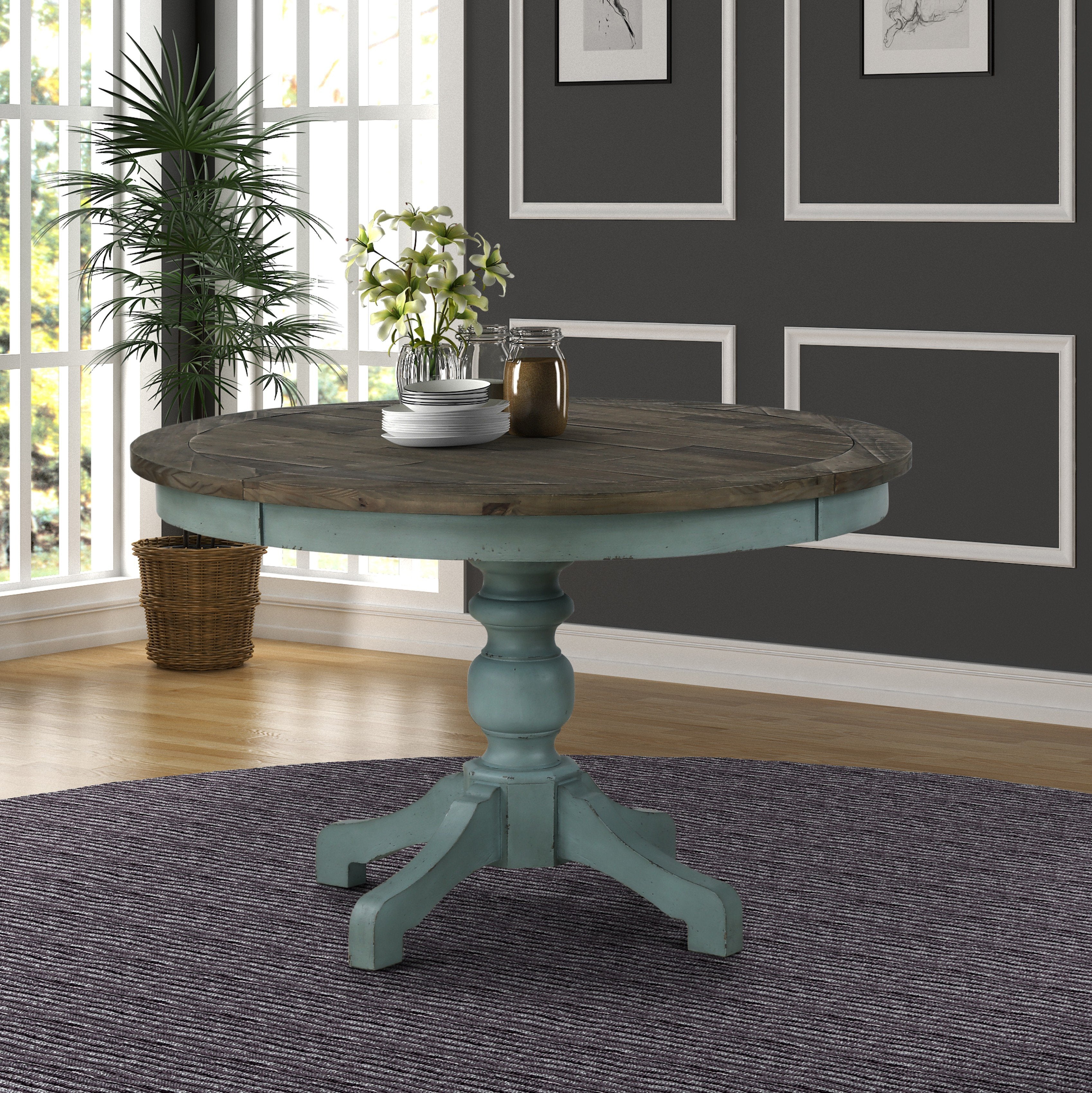 Round Blue and Brown Two-Tone Wood Dining Table - Modern Farmhouse Style for Kitchen, Dining Room & Small Space Decor